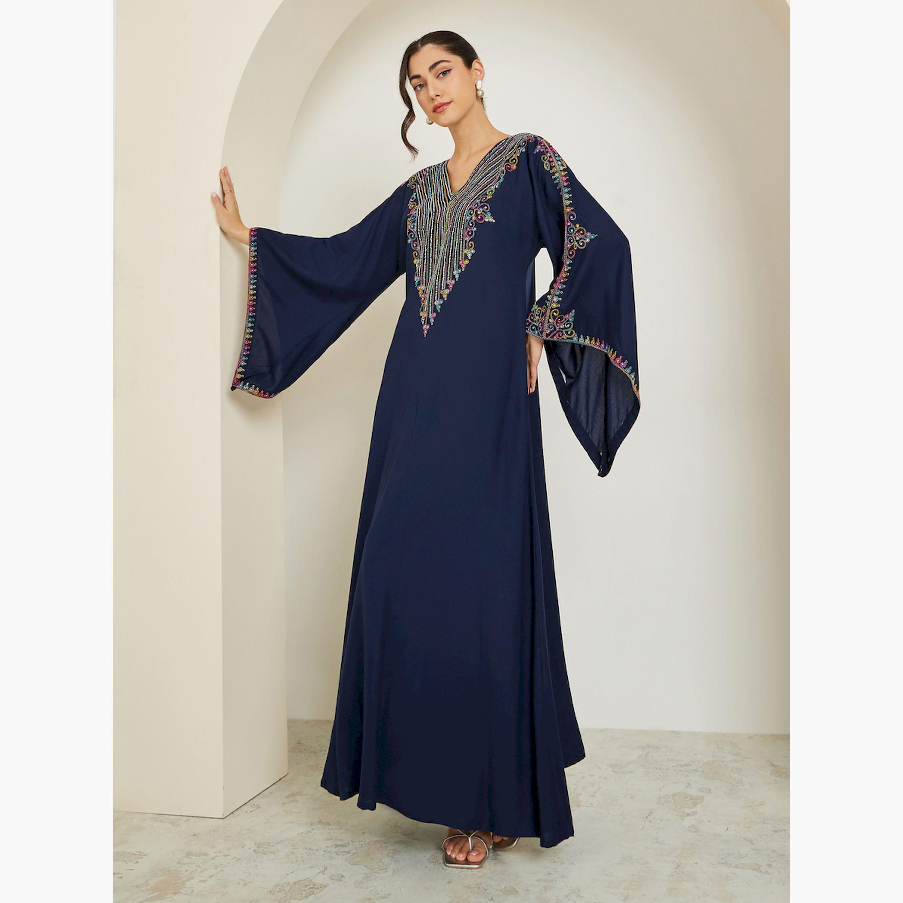 Styli Navy Blue Embroidered A-Line Jalabiya-women-arabicclothing-jalabiyas-image-1