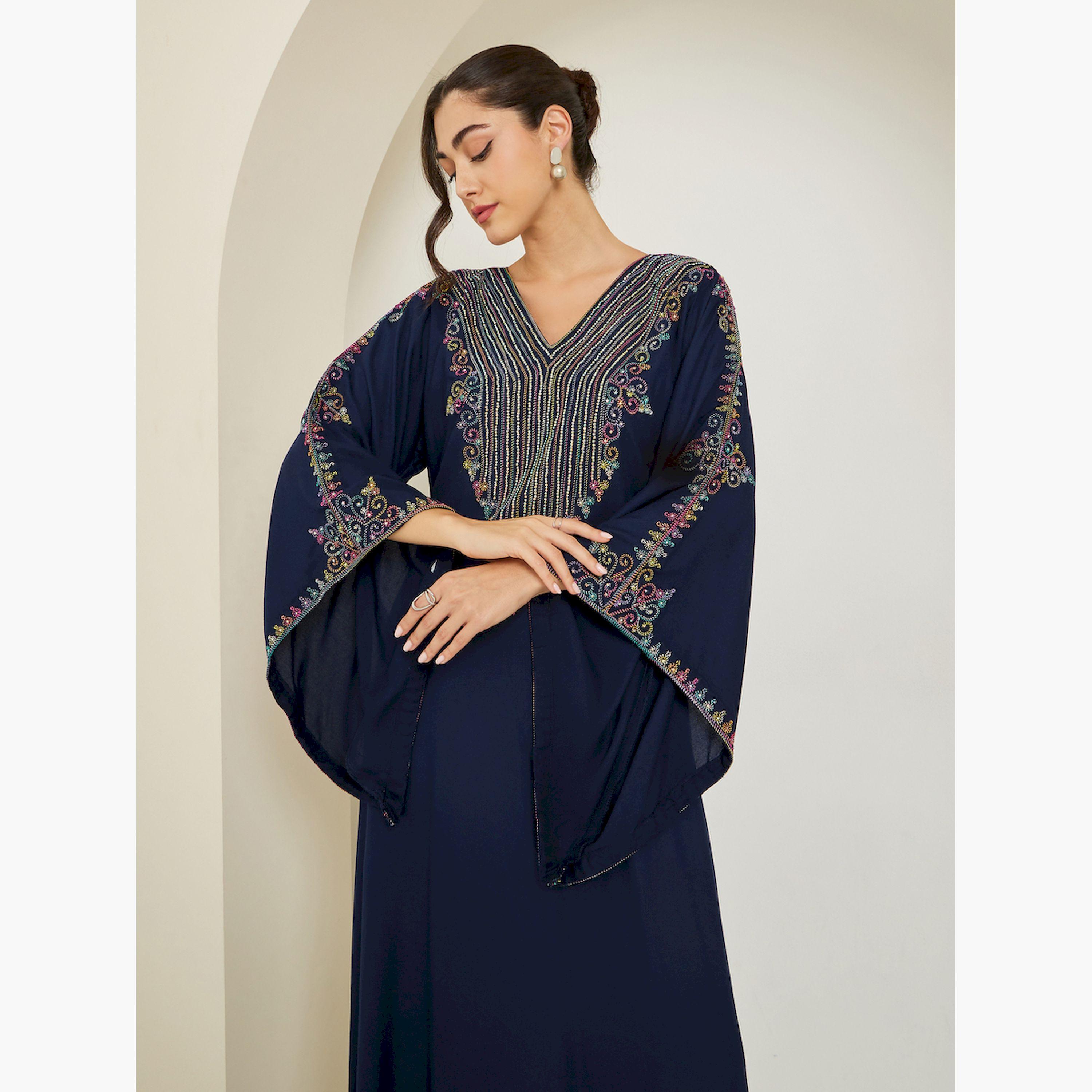 Styli Navy Blue Embroidered A-Line Jalabiya-women-arabicclothing-jalabiyas-image-2