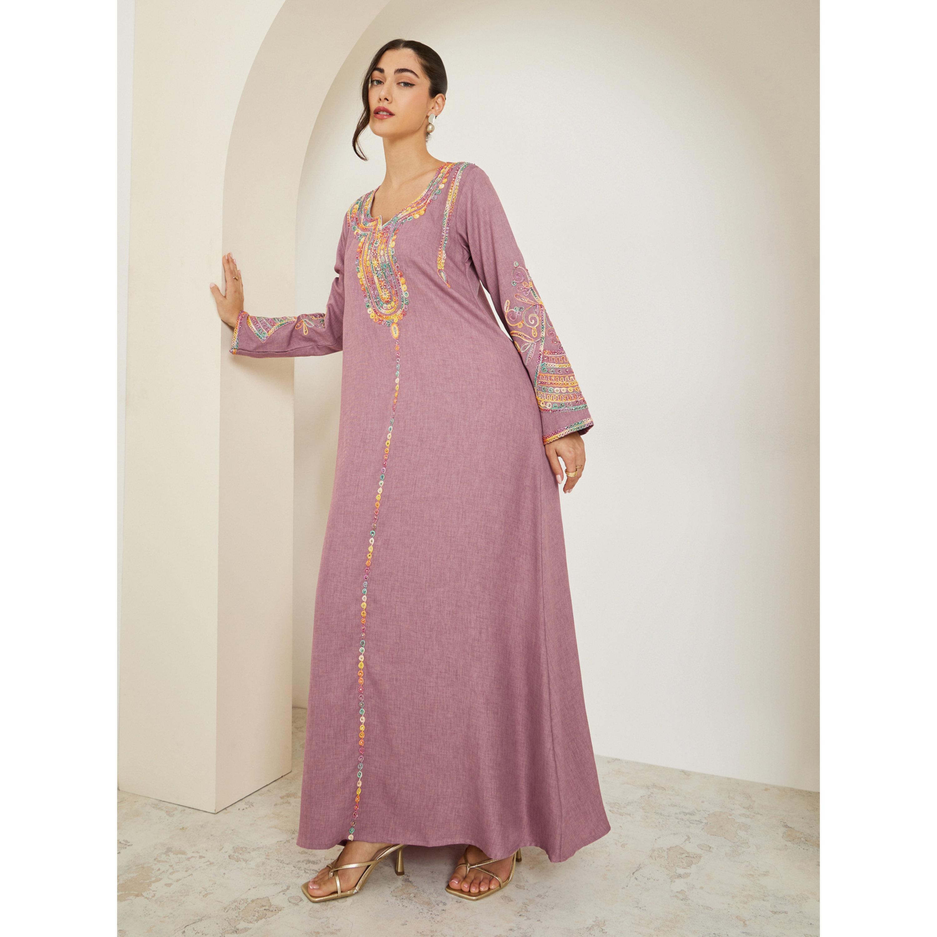 جلابية وردية مطرزة بحافة واسعة-women-arabicclothing-jalabiyas-image-3