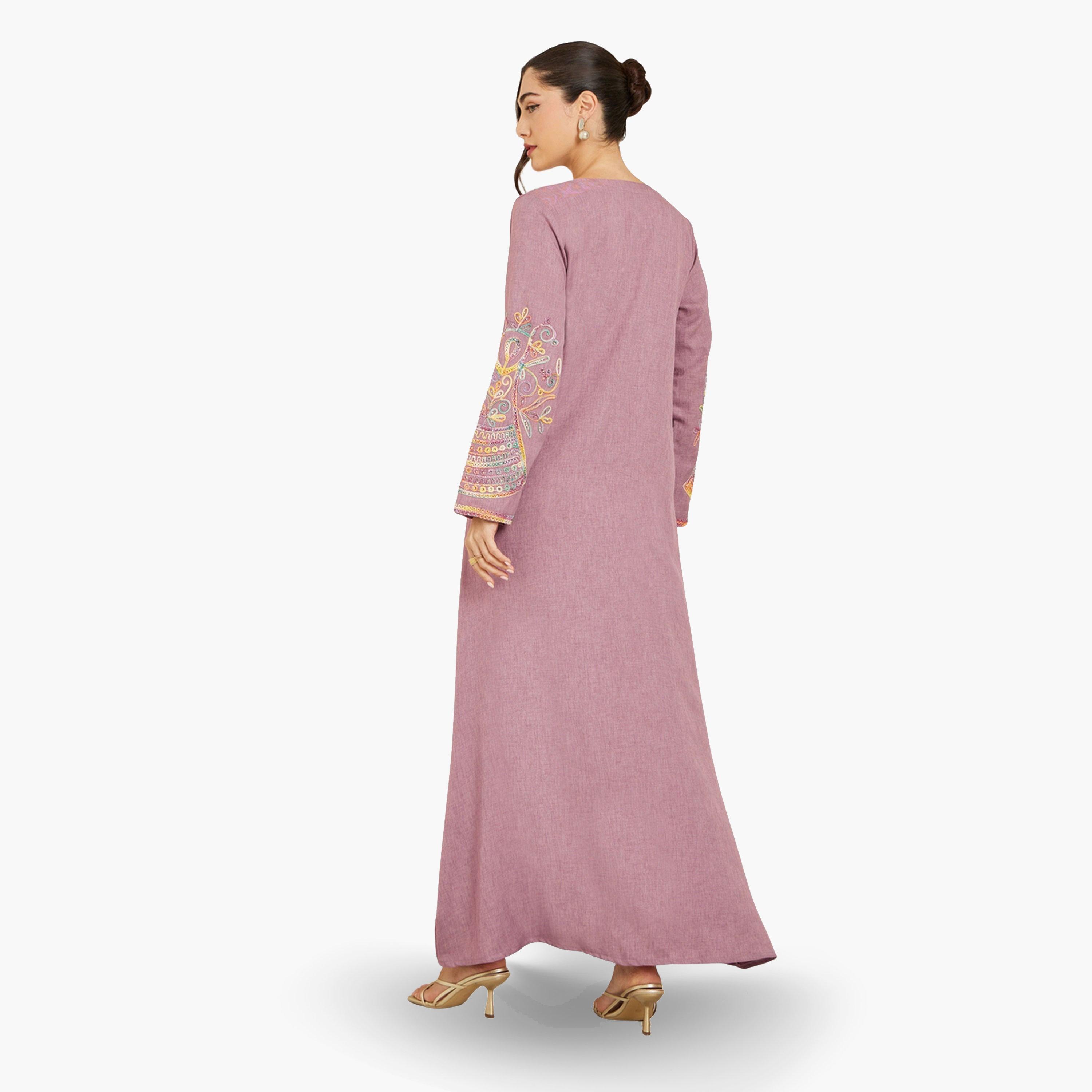 جلابية وردية مطرزة بحافة واسعة-women-arabicclothing-jalabiyas-image-5