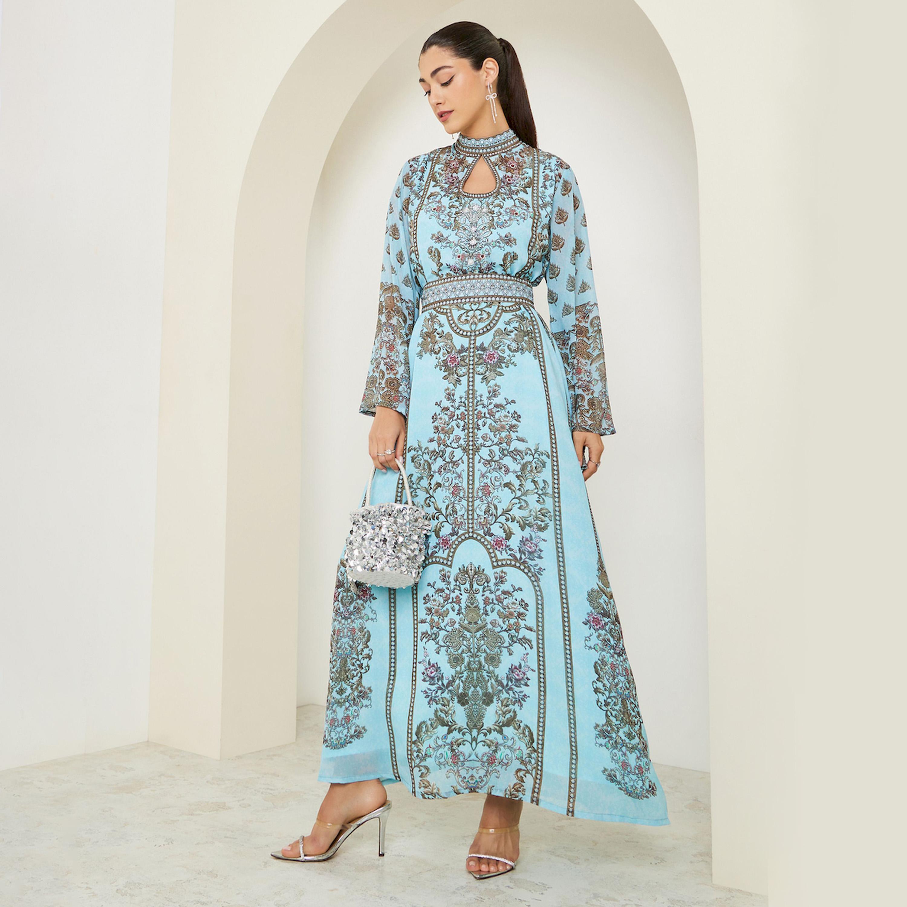 Styli Blue Printed Belted A-Line Jalabiya-women-arabicclothing-jalabiyas-image-1