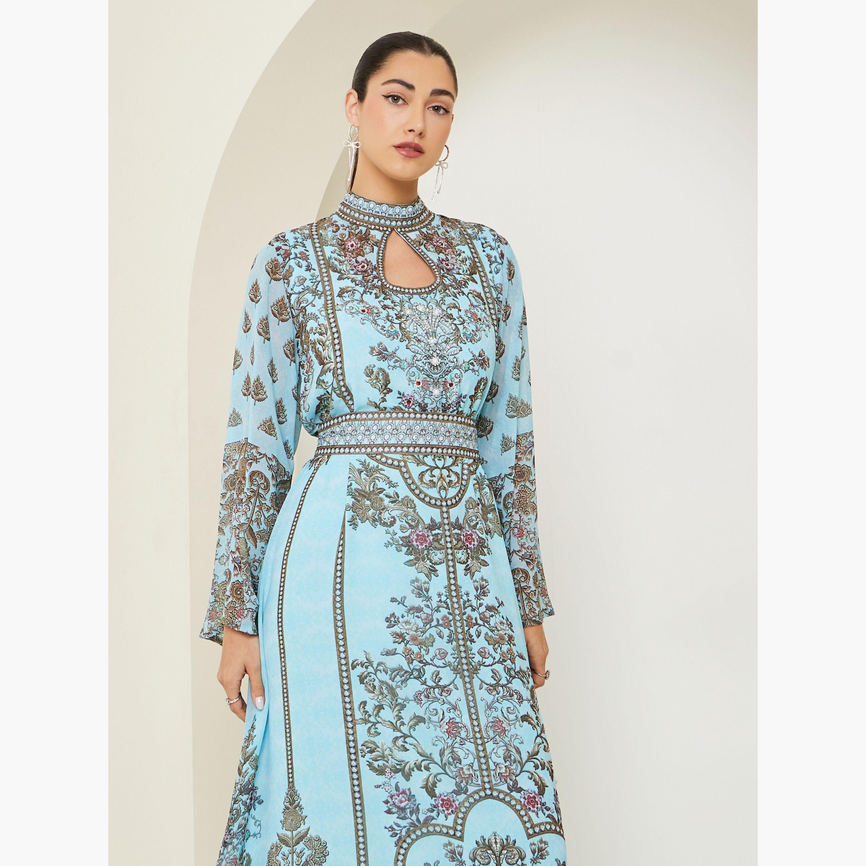 Styli Blue Printed Belted A-Line Jalabiya-women-arabicclothing-jalabiyas-image-2