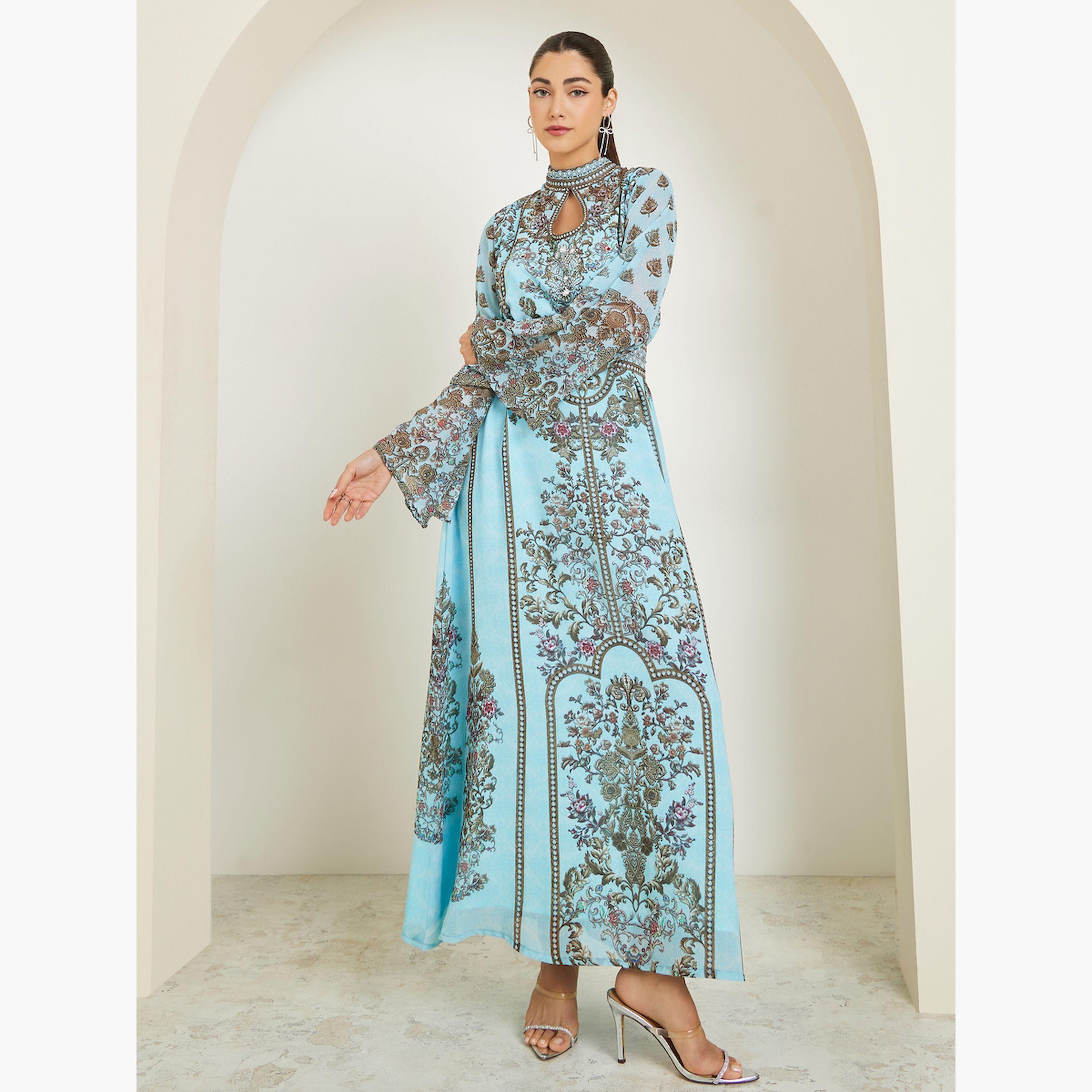 Styli Blue Printed Belted A-Line Jalabiya-women-arabicclothing-jalabiyas-image-3