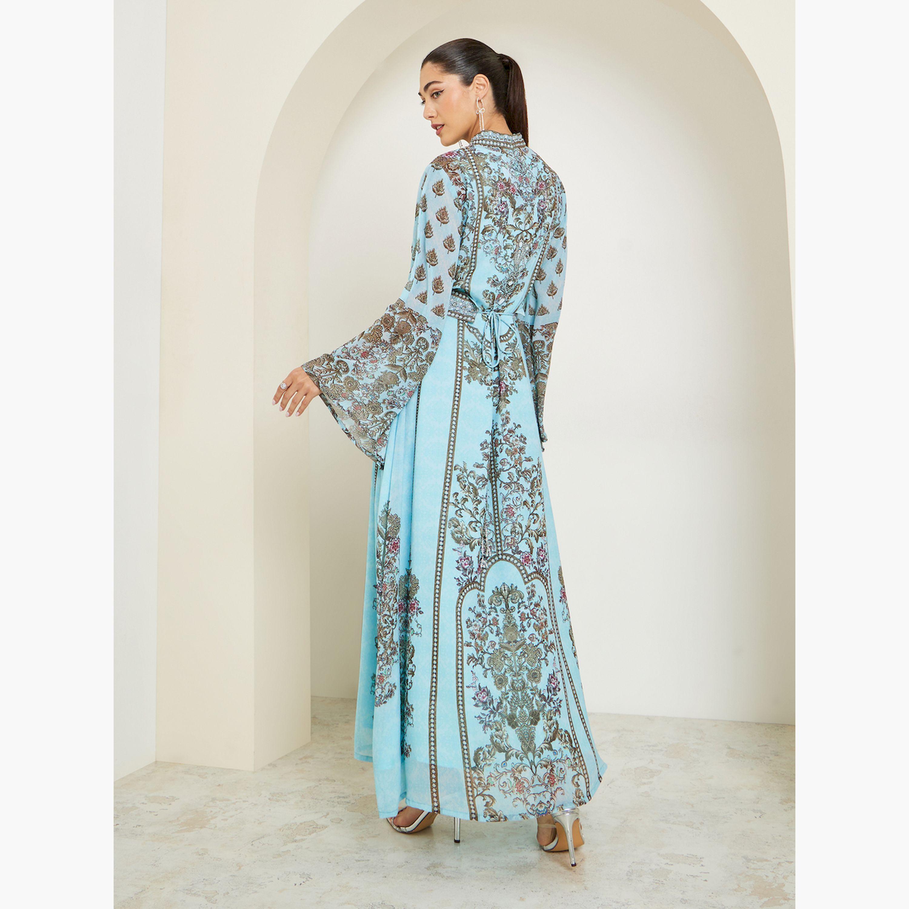 Styli Blue Printed Belted A-Line Jalabiya-women-arabicclothing-jalabiyas-image-5