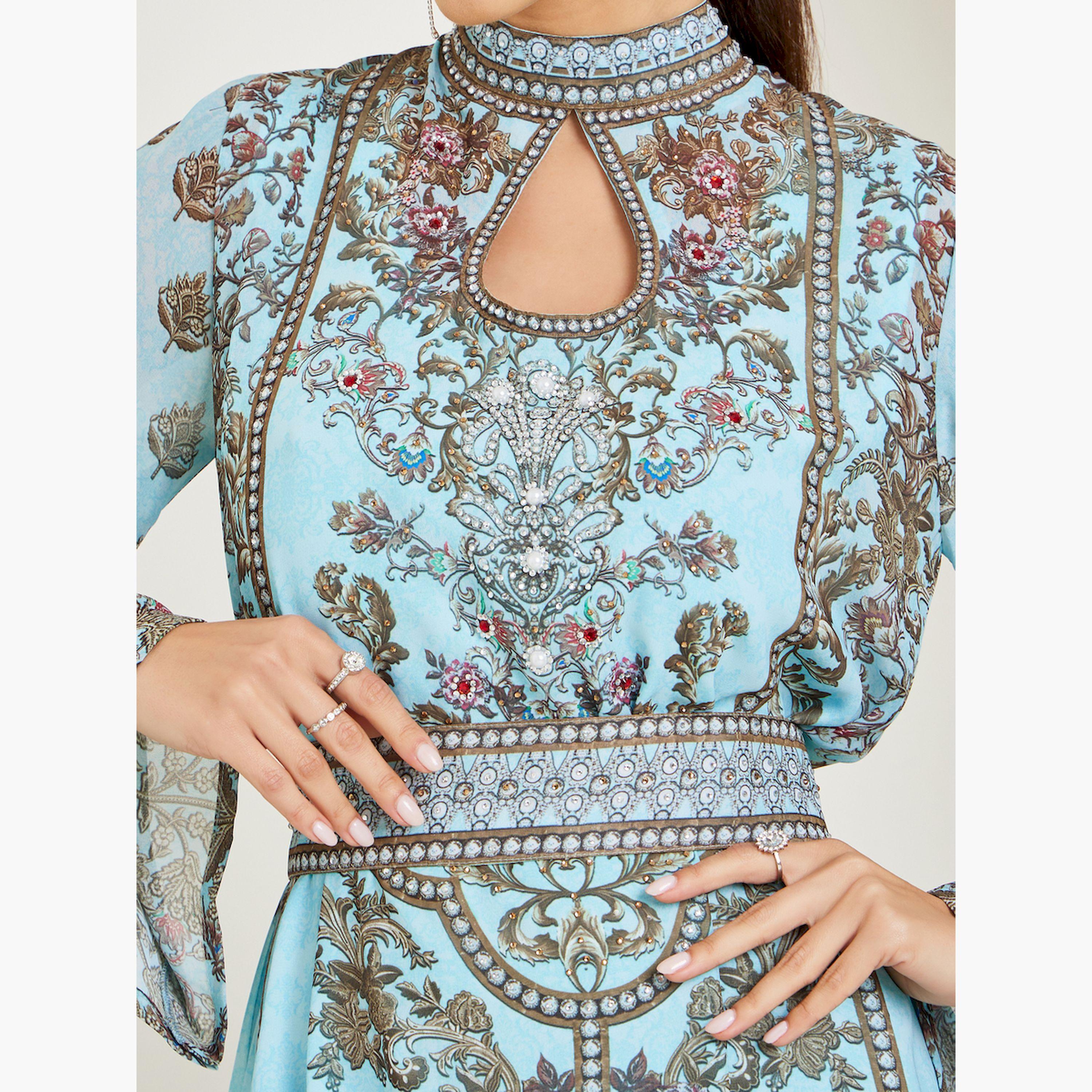 Styli Blue Printed Belted A-Line Jalabiya-women-arabicclothing-jalabiyas-image-6