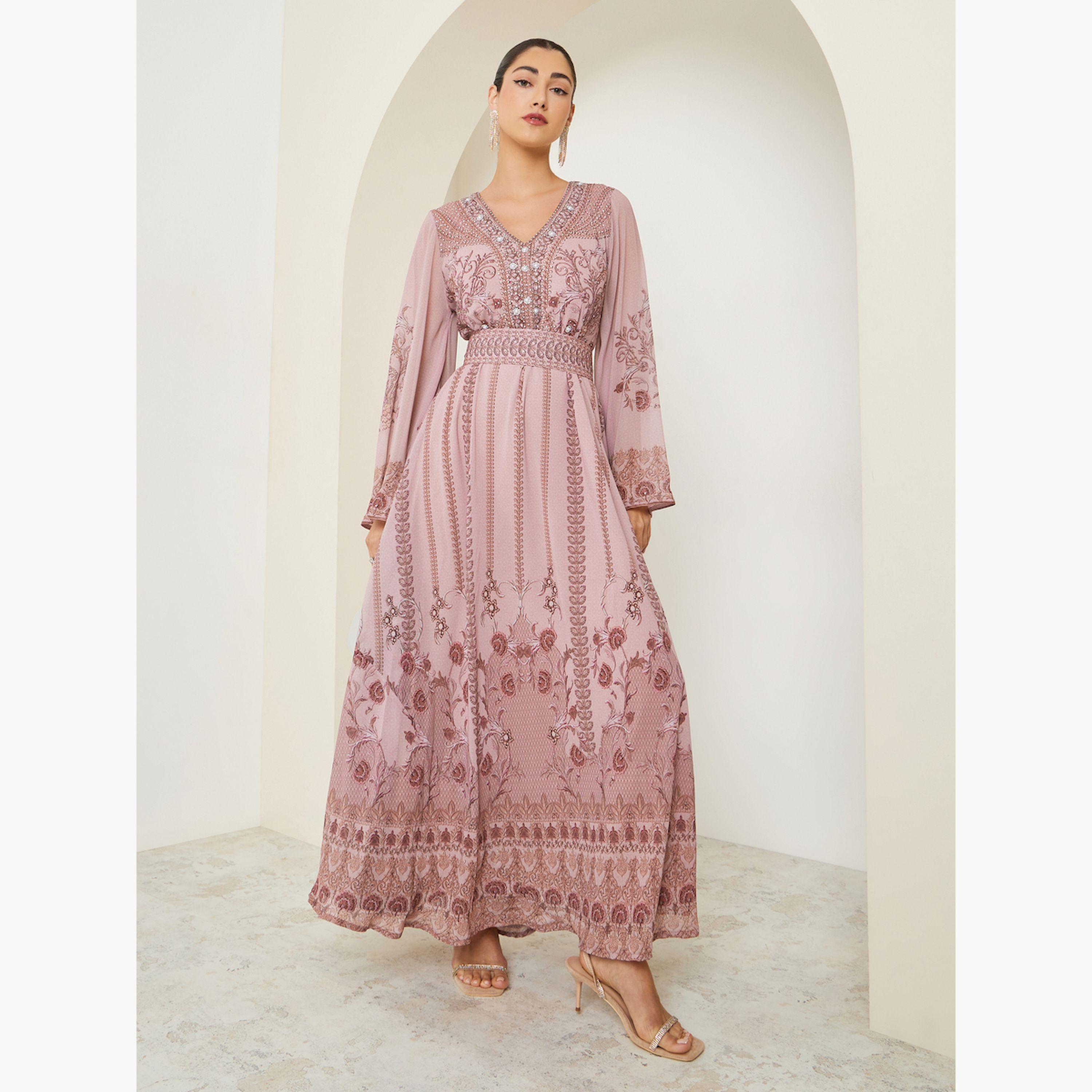 جلابية مطبعة بحافة واسعة وحزام-women-arabicclothing-jalabiyas-image-1