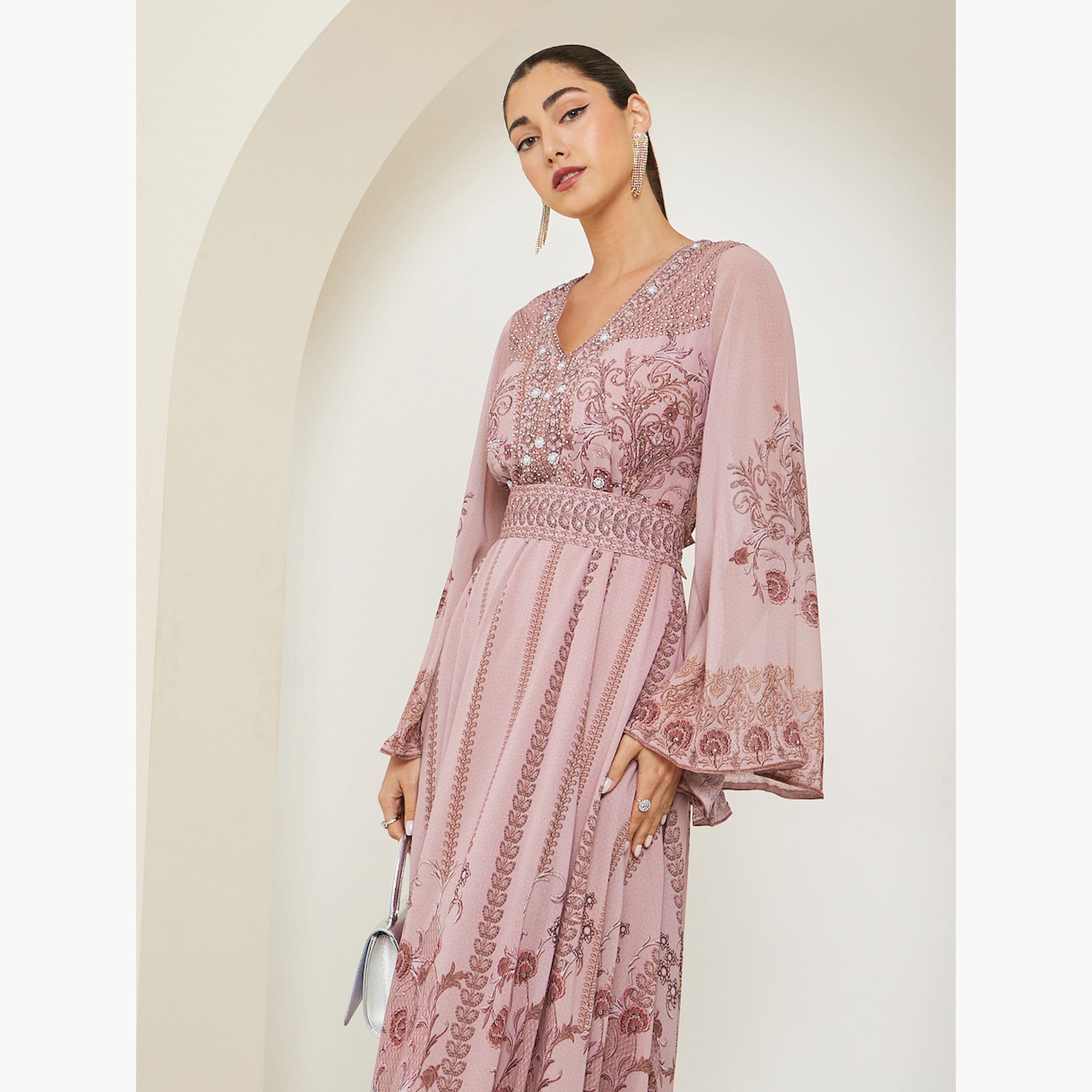جلابية مطبعة بحافة واسعة وحزام-women-arabicclothing-jalabiyas-image-2