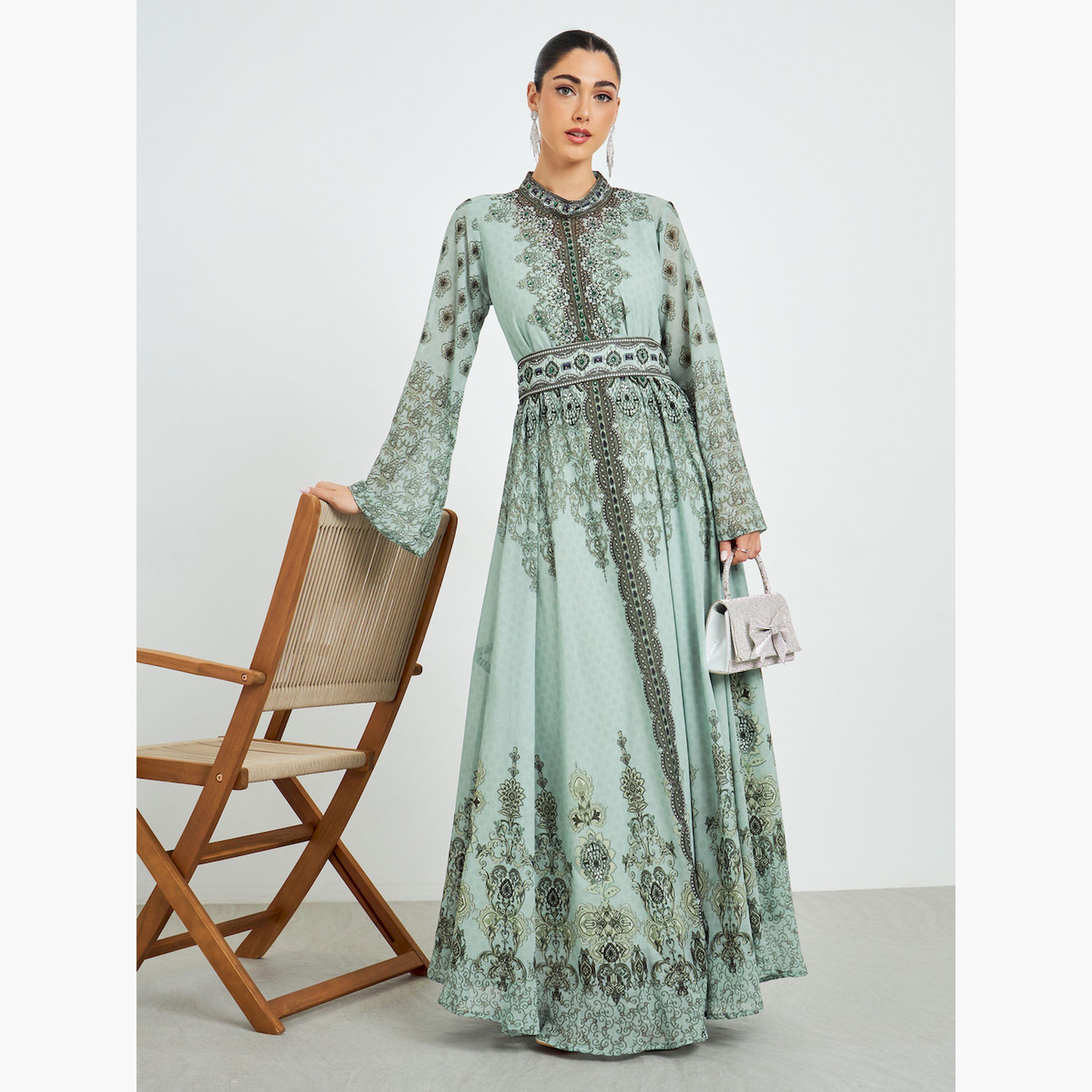 جلابية طويلة بطبعة وأكمام واسعة مع فستان داخلي-women-arabicclothing-jalabiyas-image-1