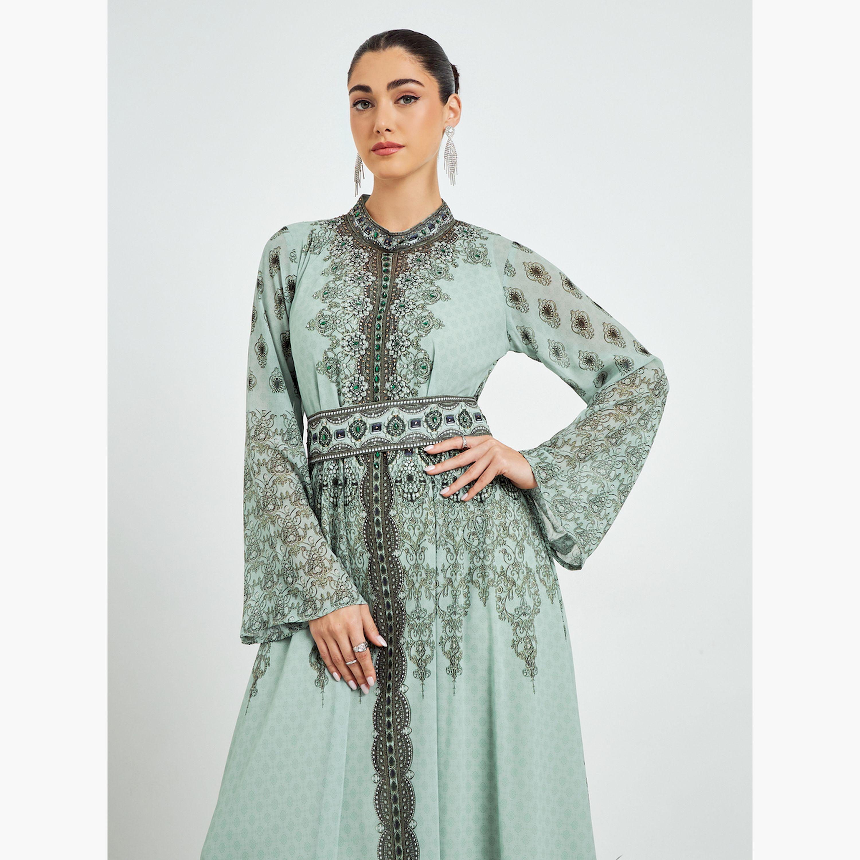 Styli Green Printed Flare Sleeve Jalabiya with Inner Dress-women-arabicclothing-jalabiyas-image-2