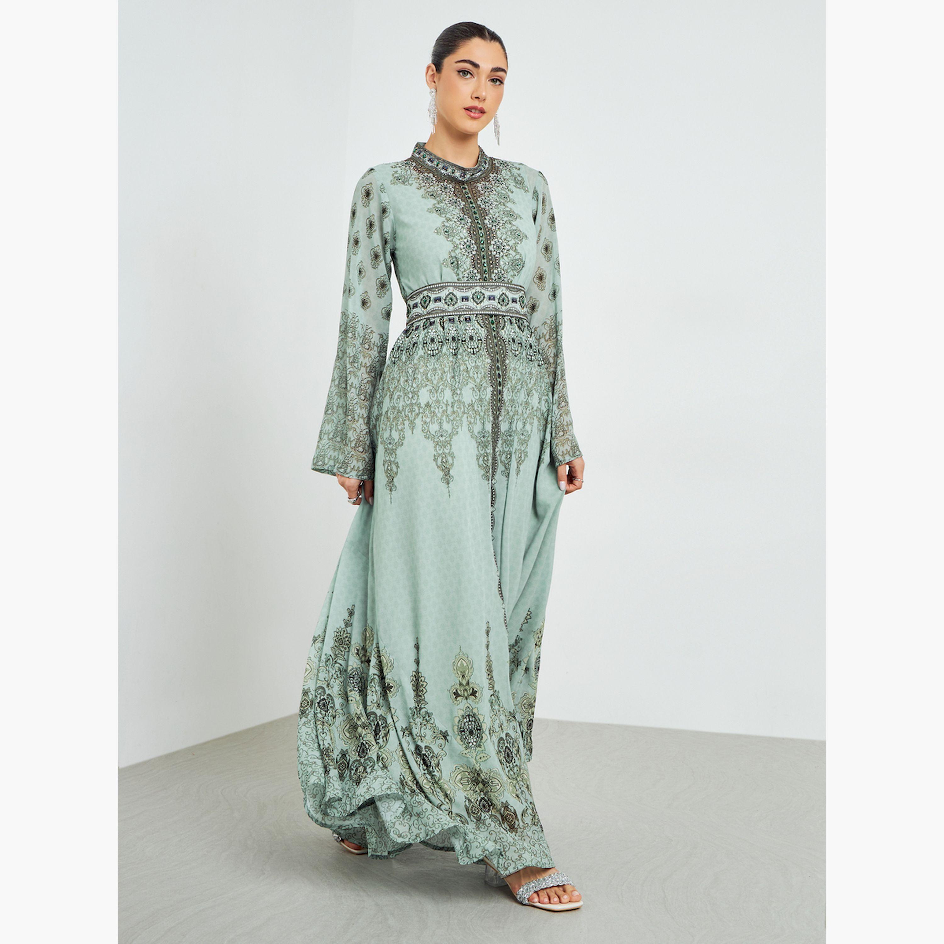 Styli Green Printed Flare Sleeve Jalabiya with Inner Dress-women-arabicclothing-jalabiyas-image-3