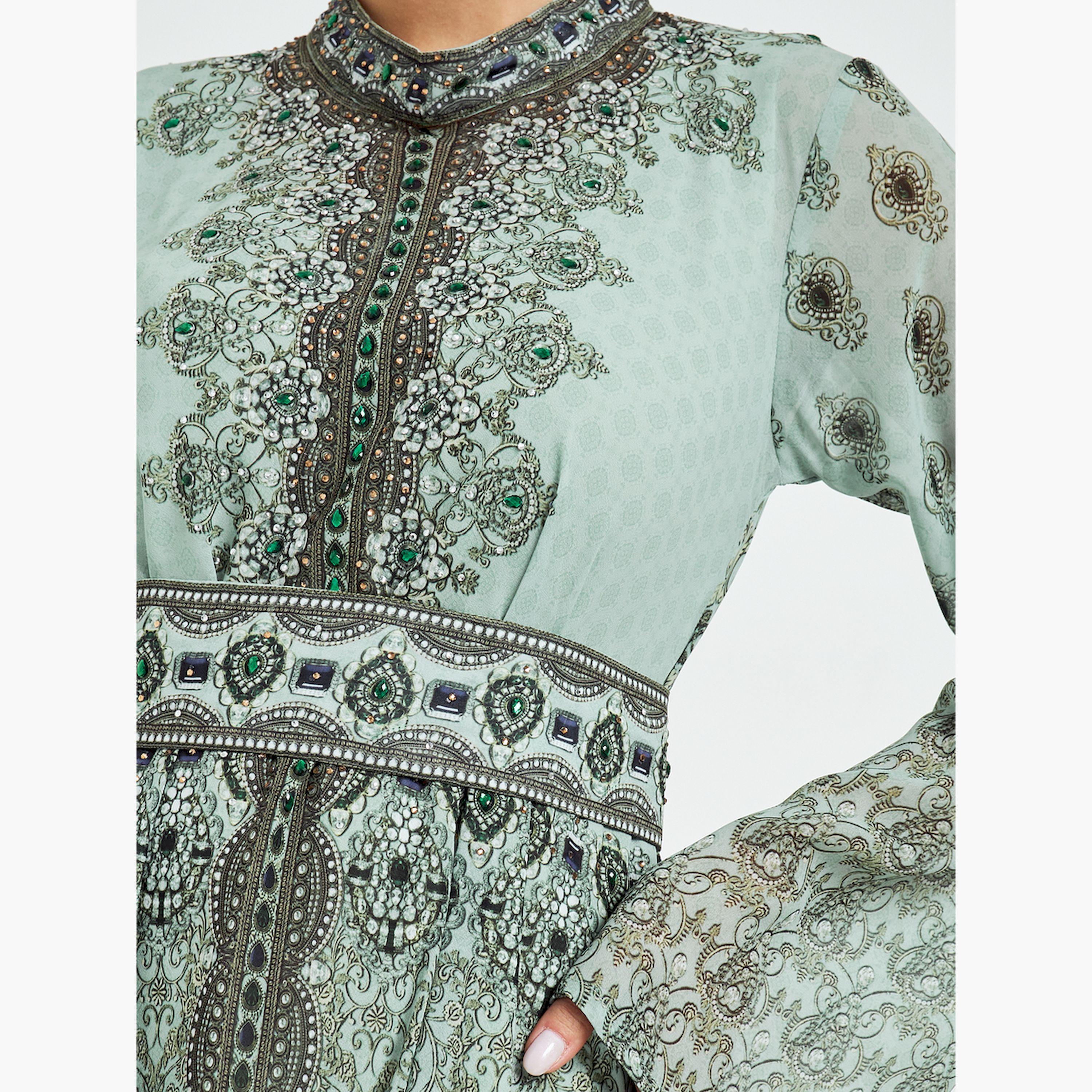 جلابية طويلة بطبعة وأكمام واسعة مع فستان داخلي-women-arabicclothing-jalabiyas-image-4