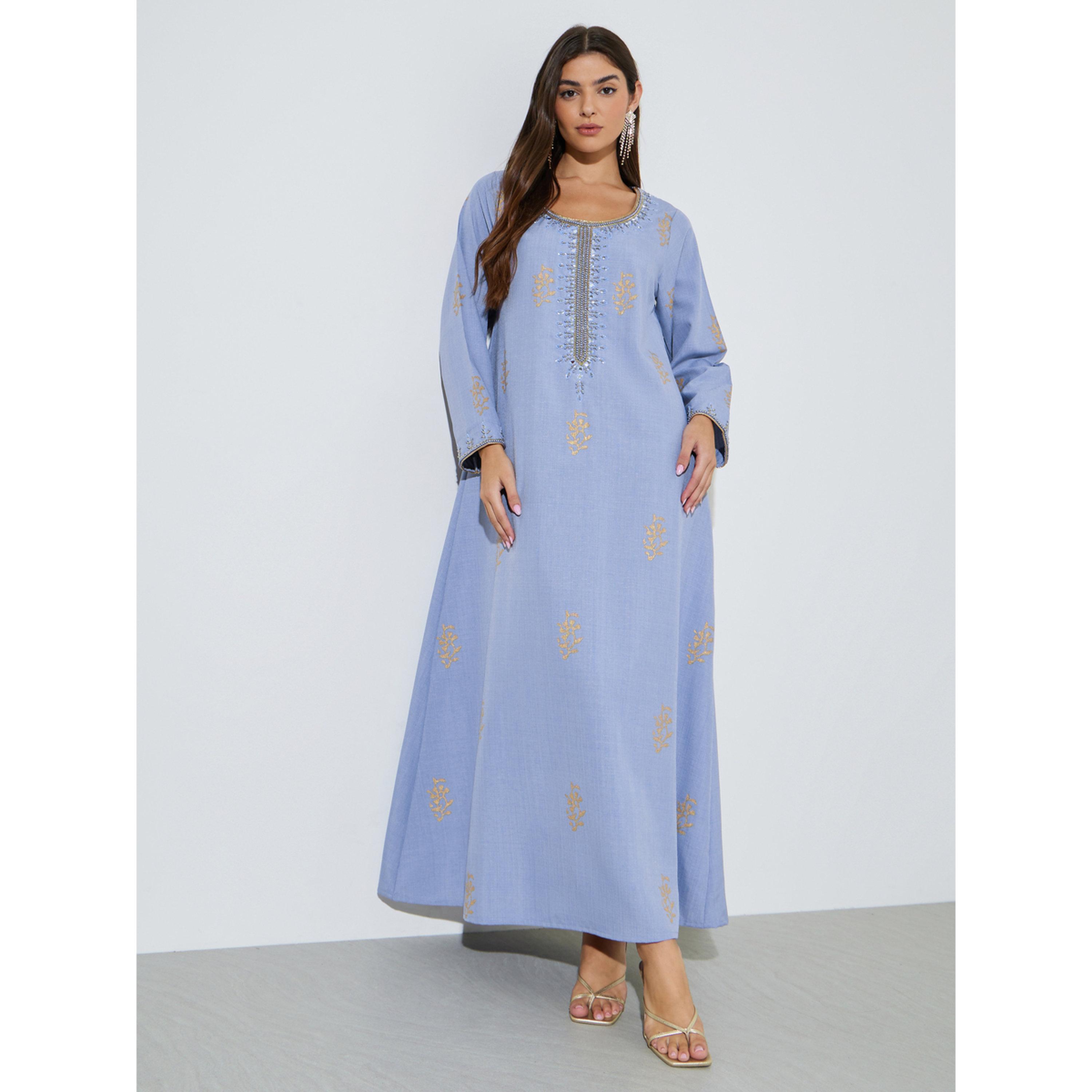 Amirah X Styli Blue Long Sleeves Round Neck Jalabiya with Gold Embroidery-women-arabicclothing-jalabiyas-image-1