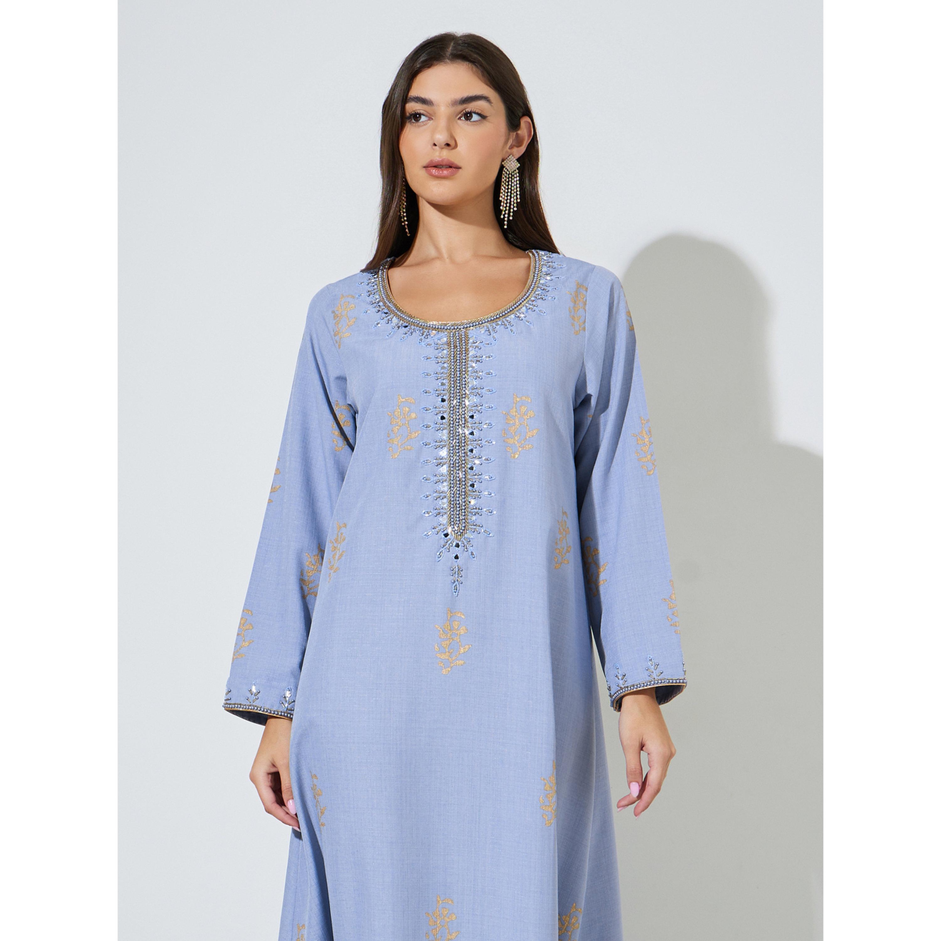 Amirah X Styli Blue Long Sleeves Round Neck Jalabiya with Gold Embroidery-women-arabicclothing-jalabiyas-image-2