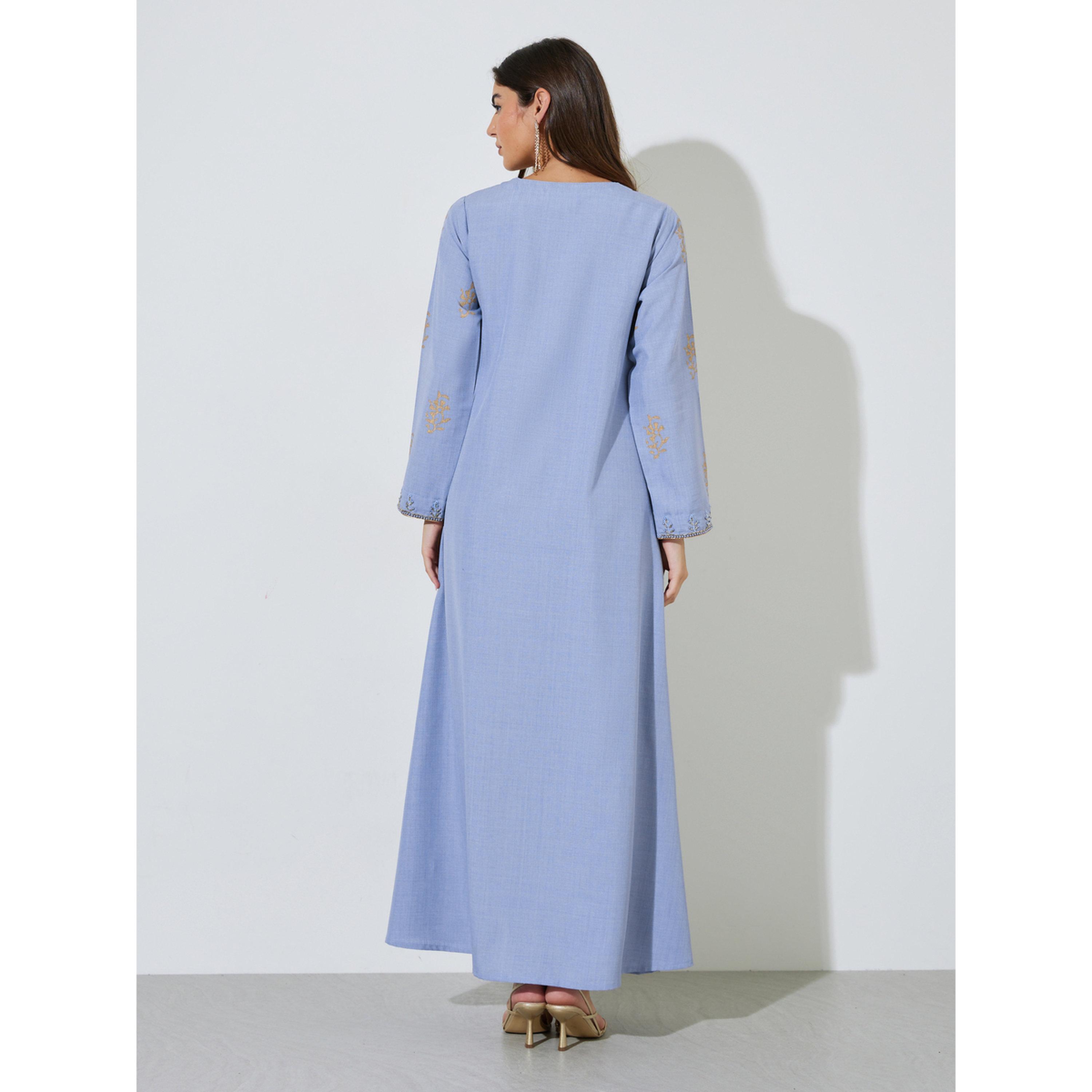 Amirah X Styli Blue Long Sleeves Round Neck Jalabiya with Gold Embroidery-women-arabicclothing-jalabiyas-image-3