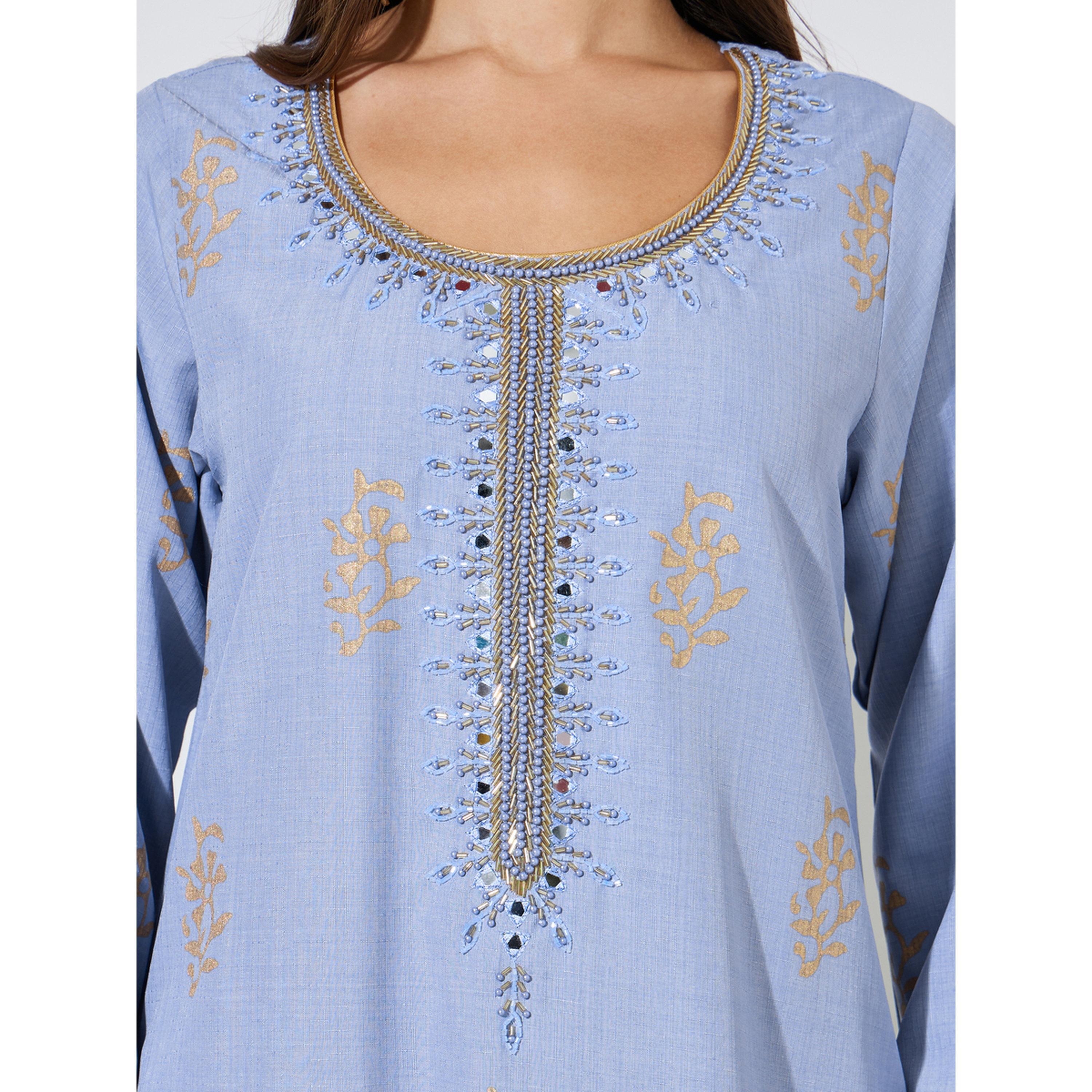 Amirah X Styli Blue Long Sleeves Round Neck Jalabiya with Gold Embroidery-women-arabicclothing-jalabiyas-image-4