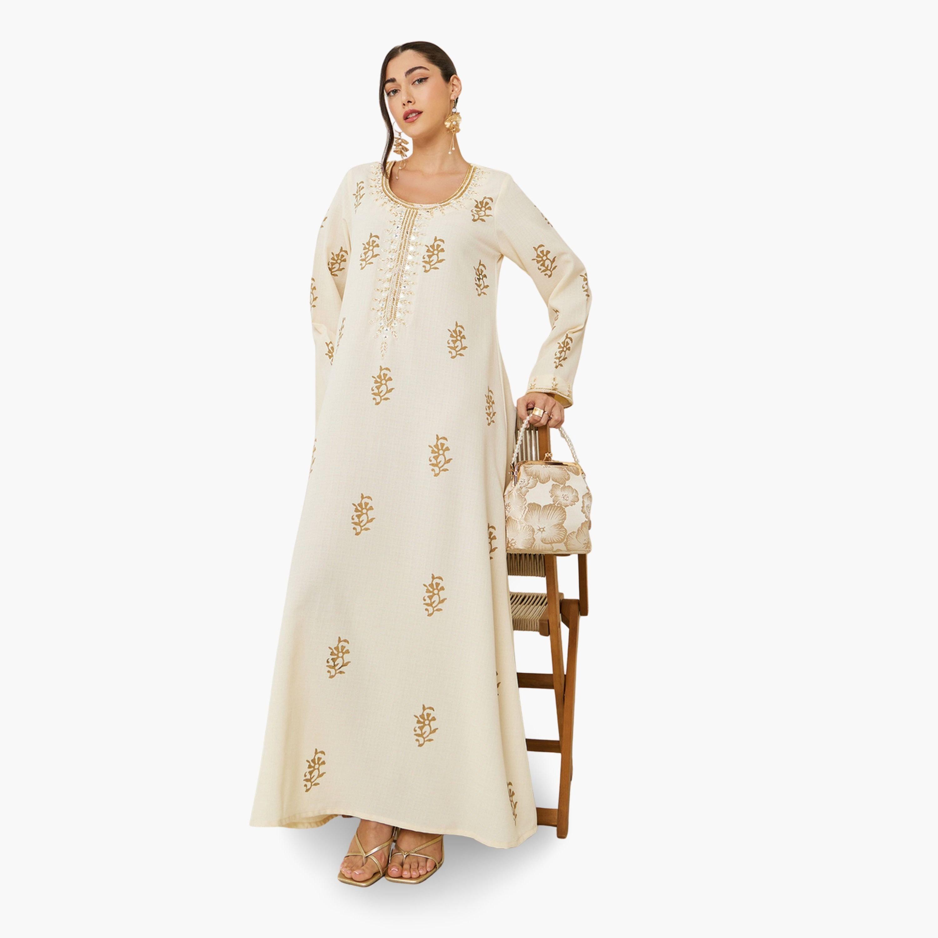 Styli Women Cream Embroidered A-Line Jalabiya-women-arabicclothing-jalabiyas-image-2