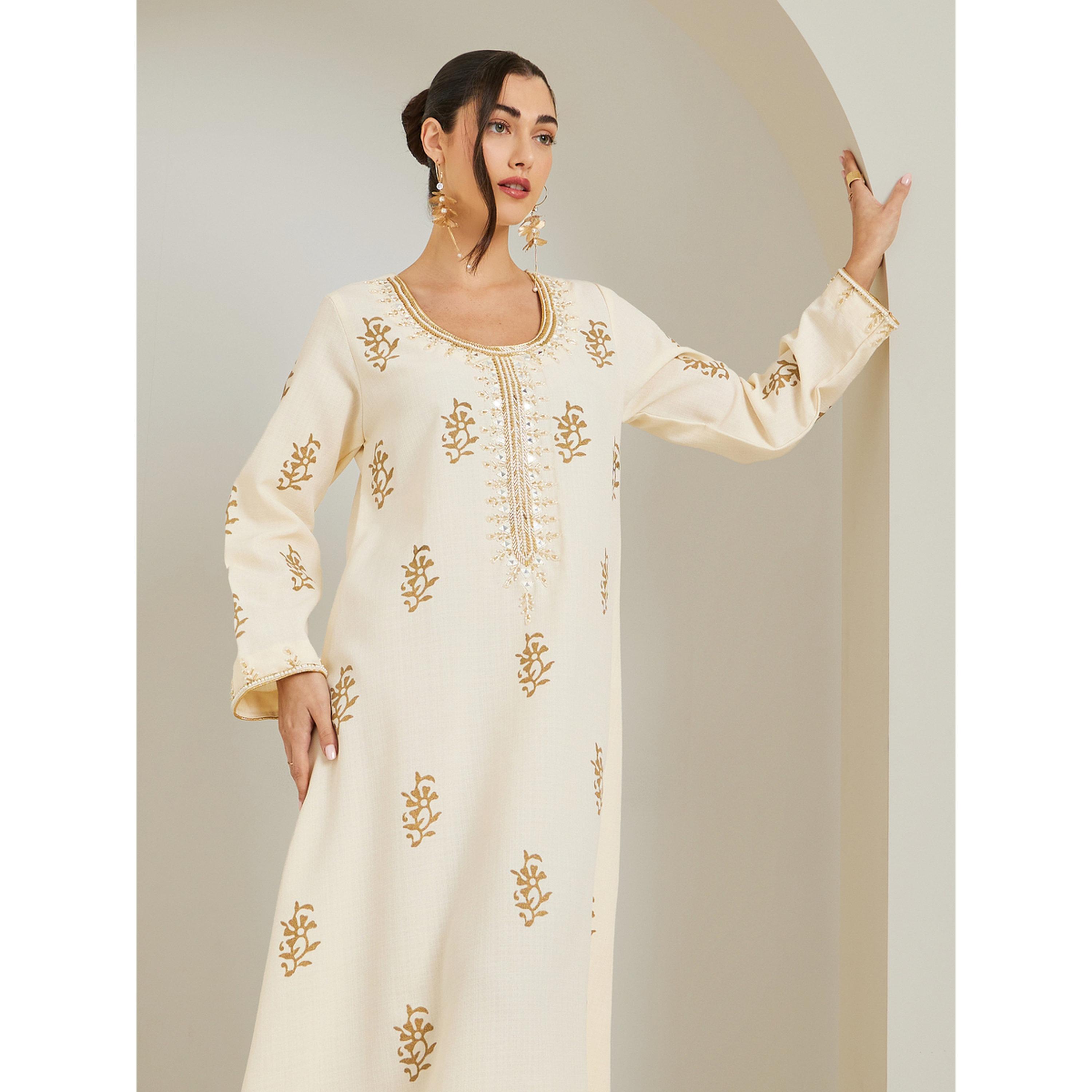 Styli Women Cream Embroidered A-Line Jalabiya-women-arabicclothing-jalabiyas-image-3