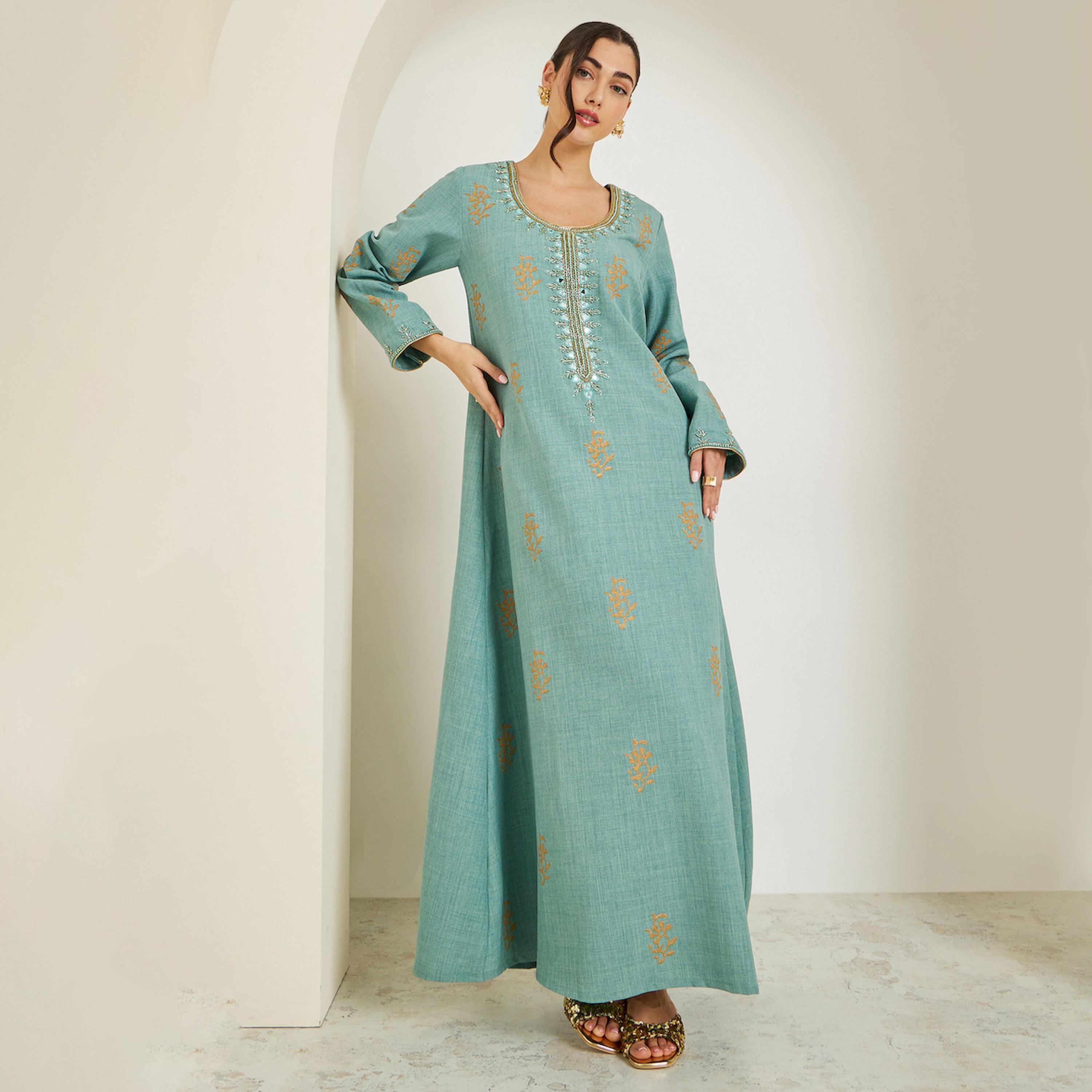 Styli Green Embroidered A-Line Jalabiya-women-arabicclothing-jalabiyas-image-1