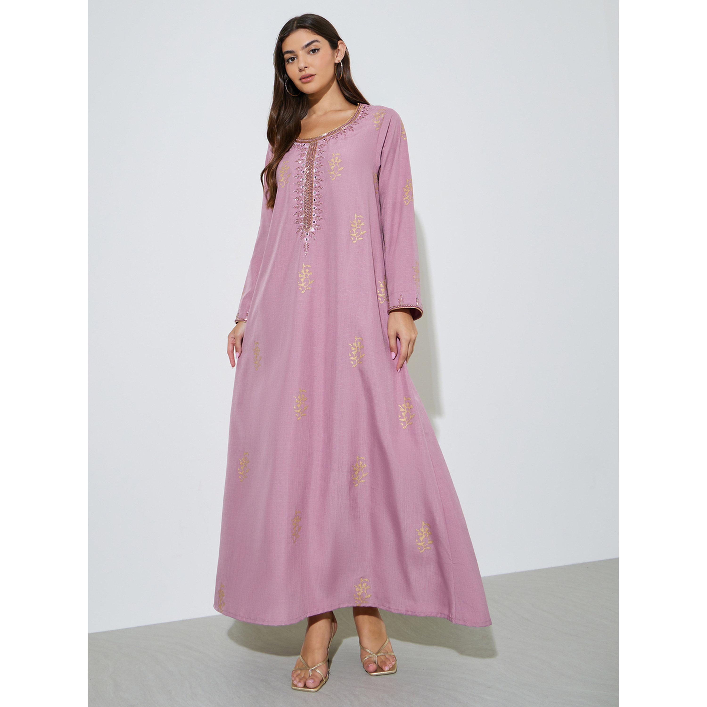 Amirah X Styli Pink Long Sleeves Round Neck Jalabiya with Gold Embroidery-women-arabicclothing-jalabiyas-image-1