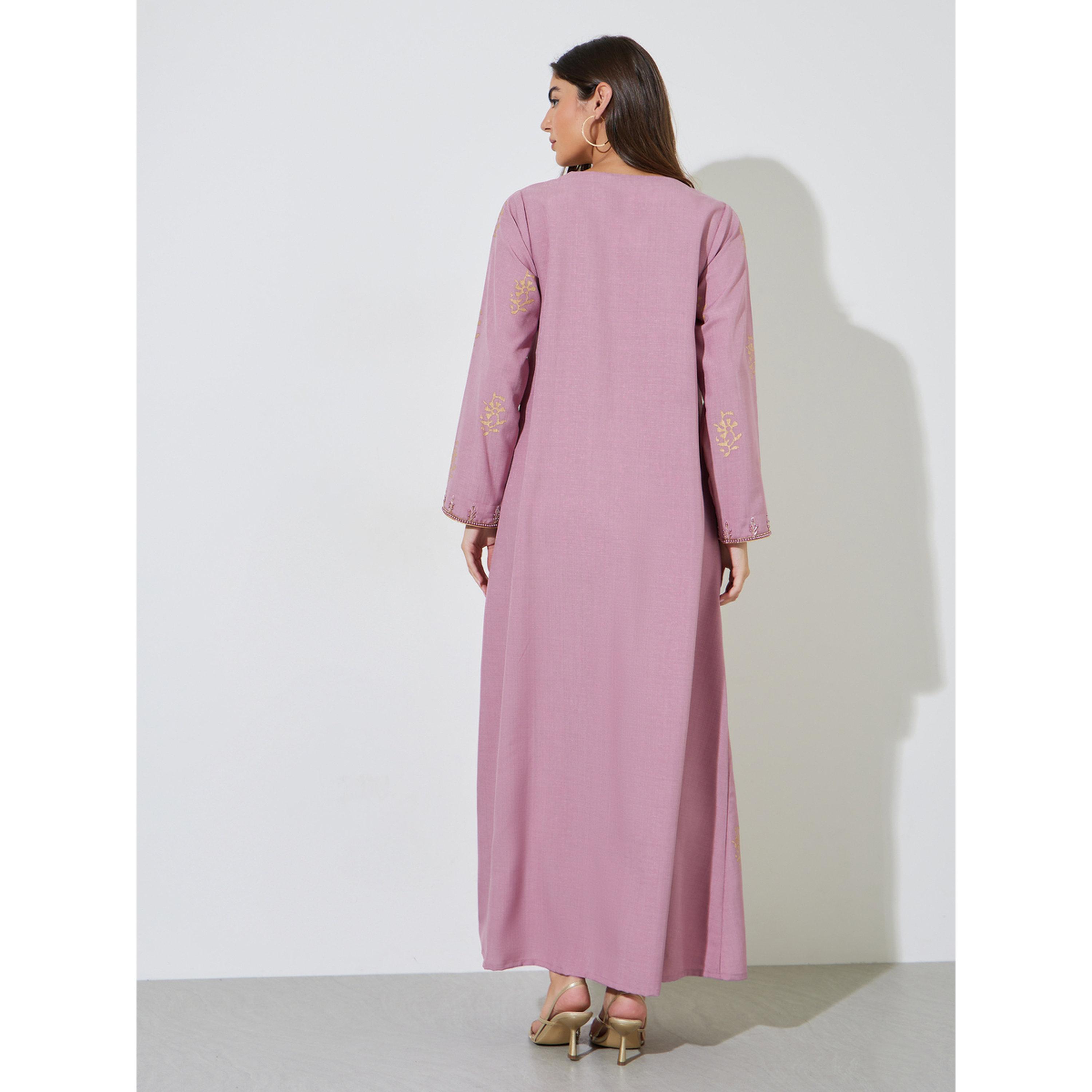 Amirah X Styli Pink Long Sleeves Round Neck Jalabiya with Gold Embroidery-women-arabicclothing-jalabiyas-image-3