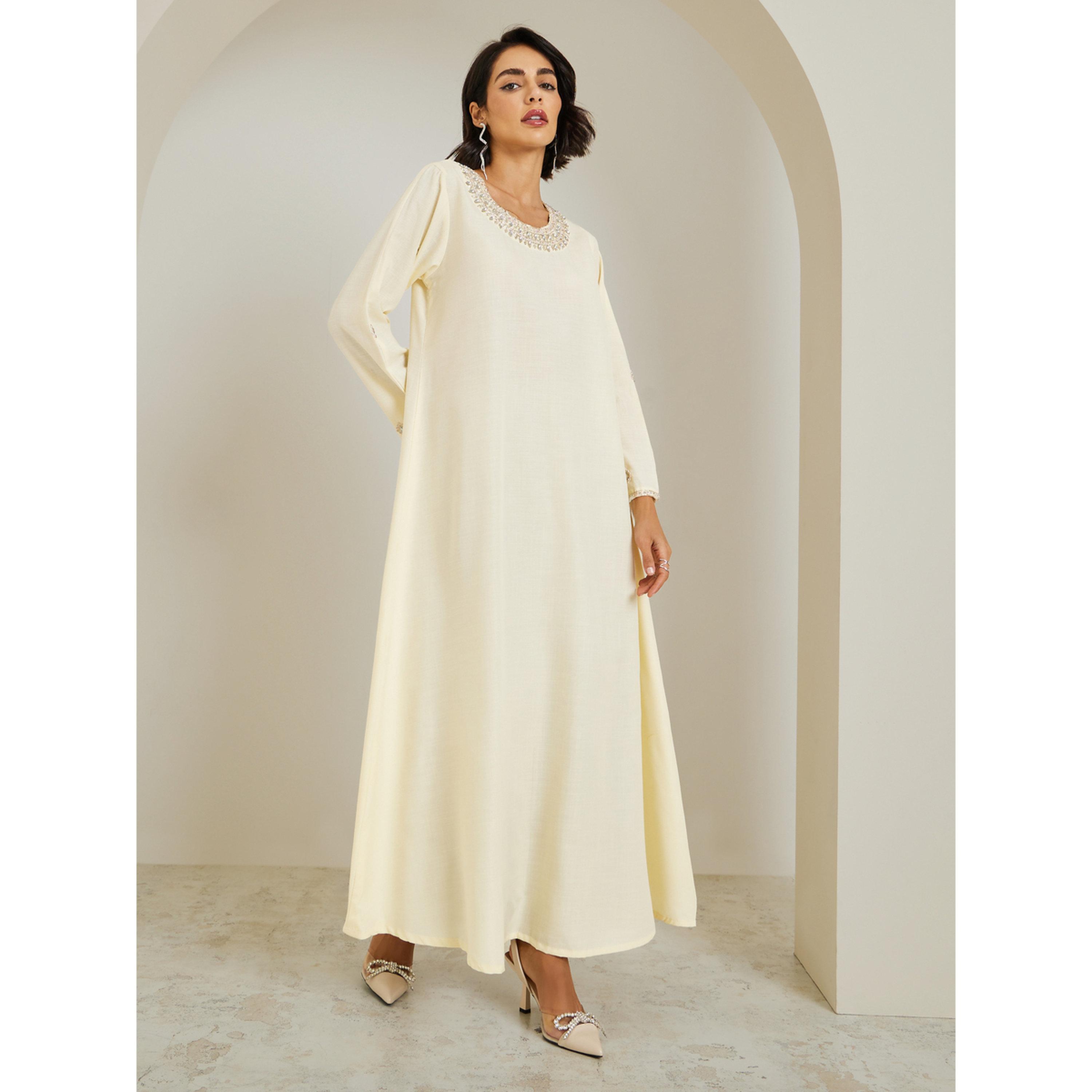 Styli Women Yellow Linen Embellished Jalabiya-women-arabicclothing-jalabiyas-image-3