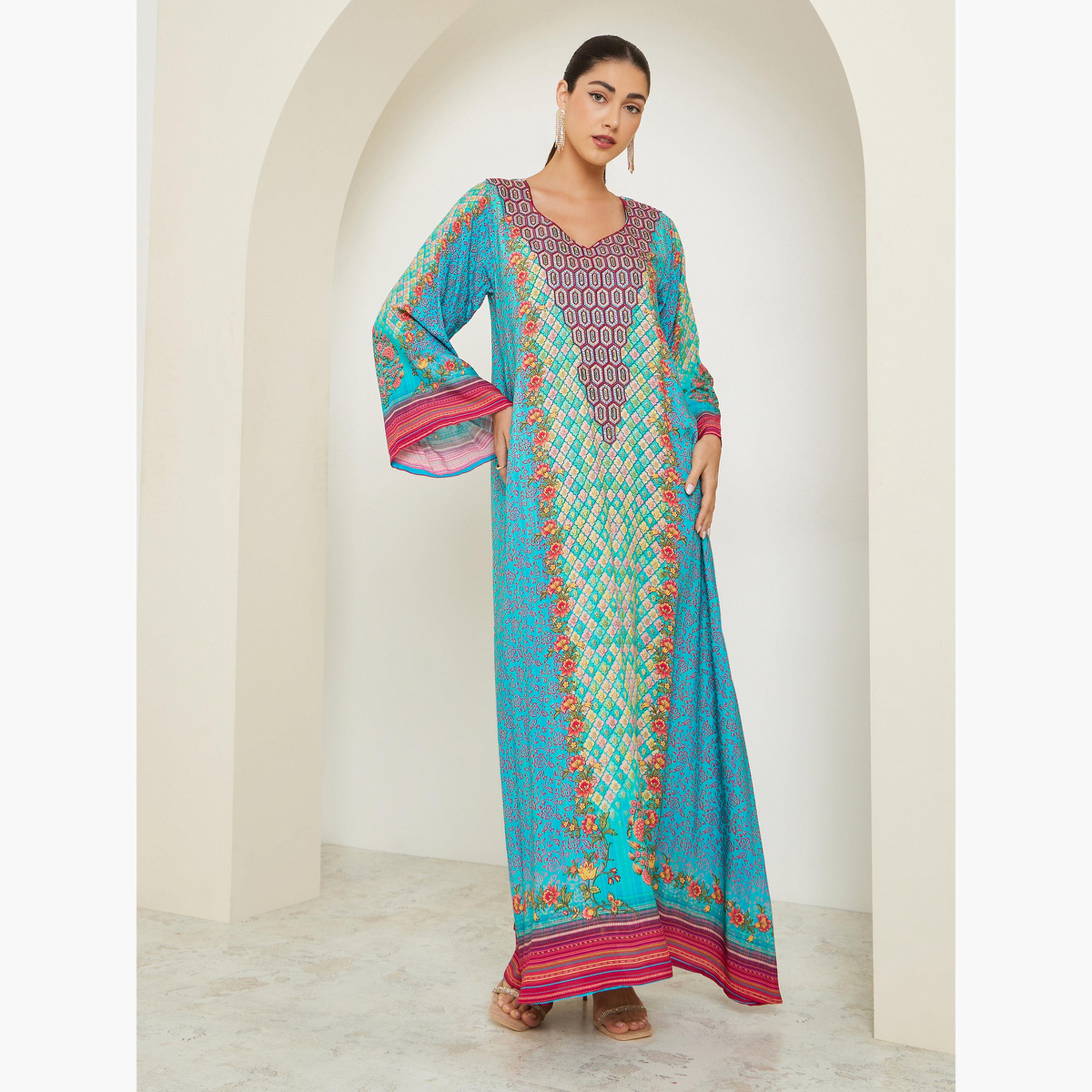 Styli Blue Printed A-Line Jalabiya-women-arabicclothing-jalabiyas-image-1