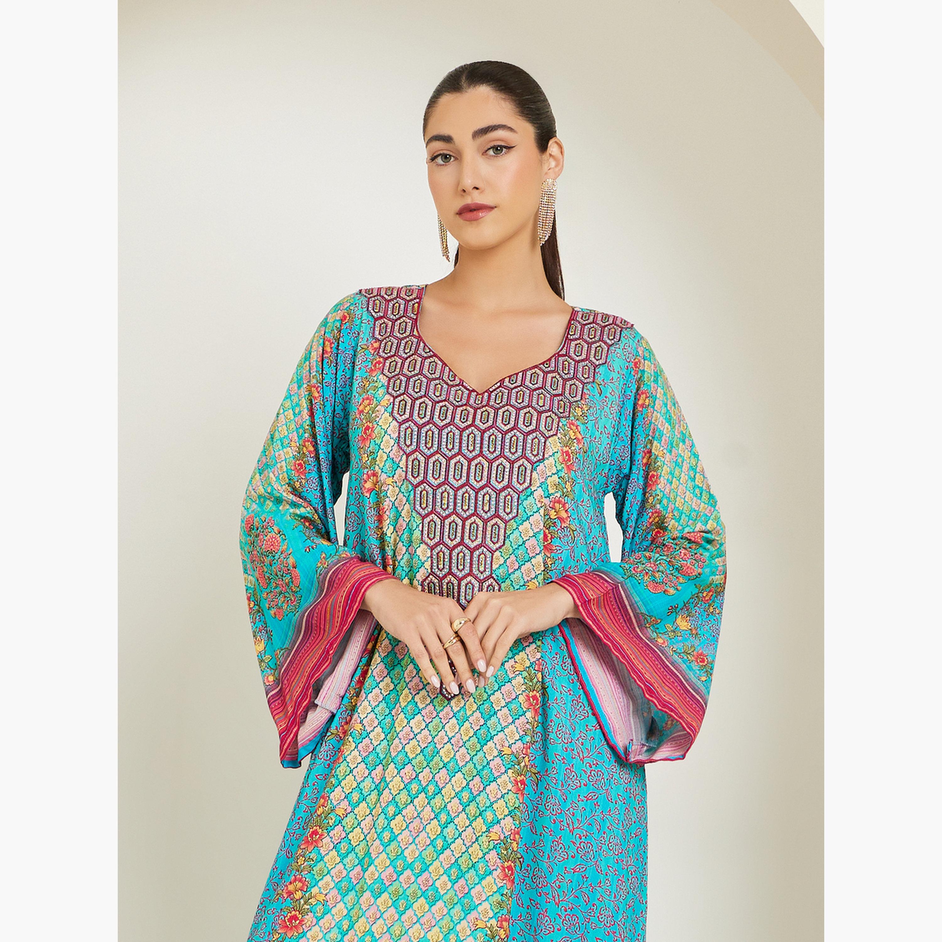 Styli Blue Printed A-Line Jalabiya-women-arabicclothing-jalabiyas-image-2
