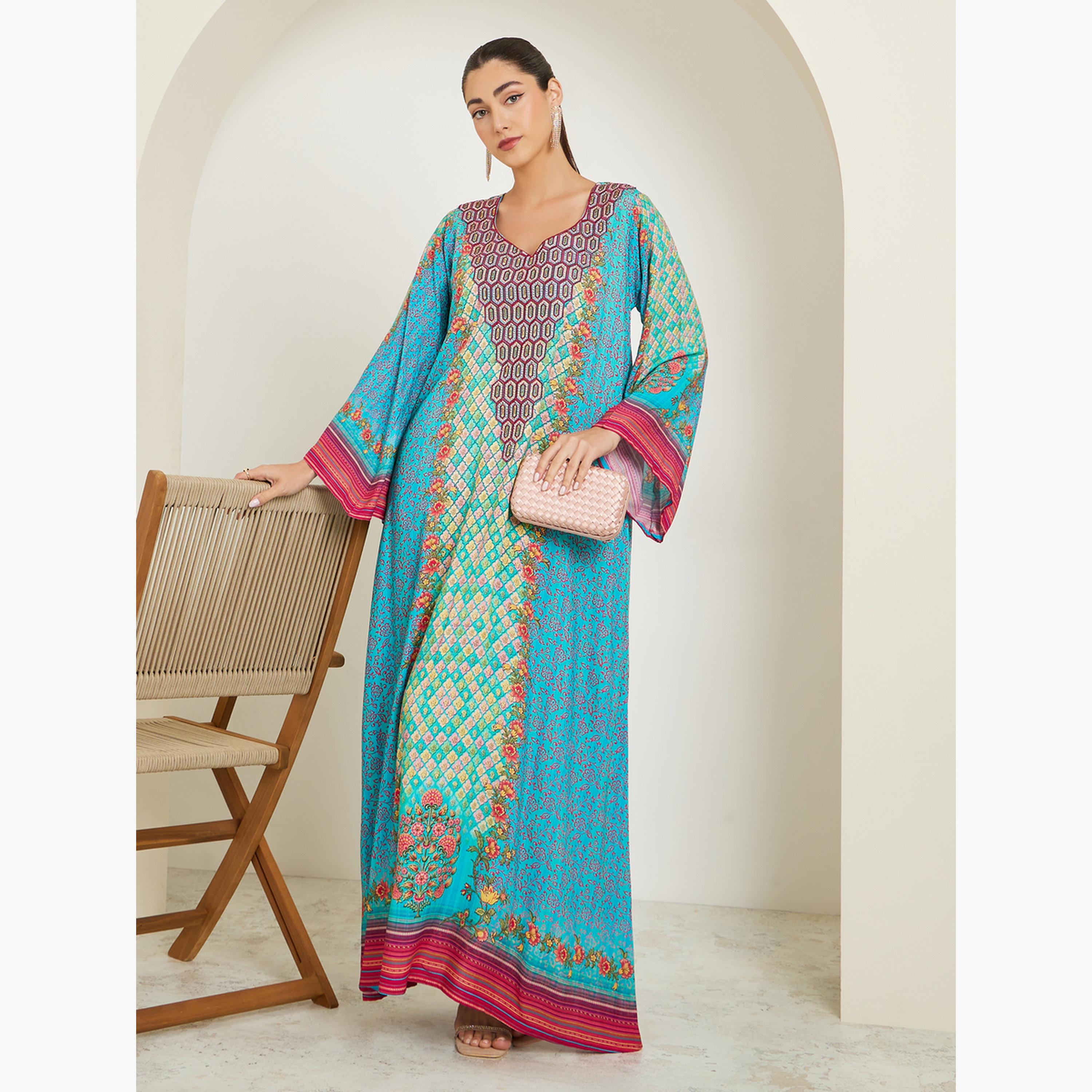 ستايلي - جلابية مطبوعة تصميم A  لون أزرق-women-arabicclothing-jalabiyas-image-3