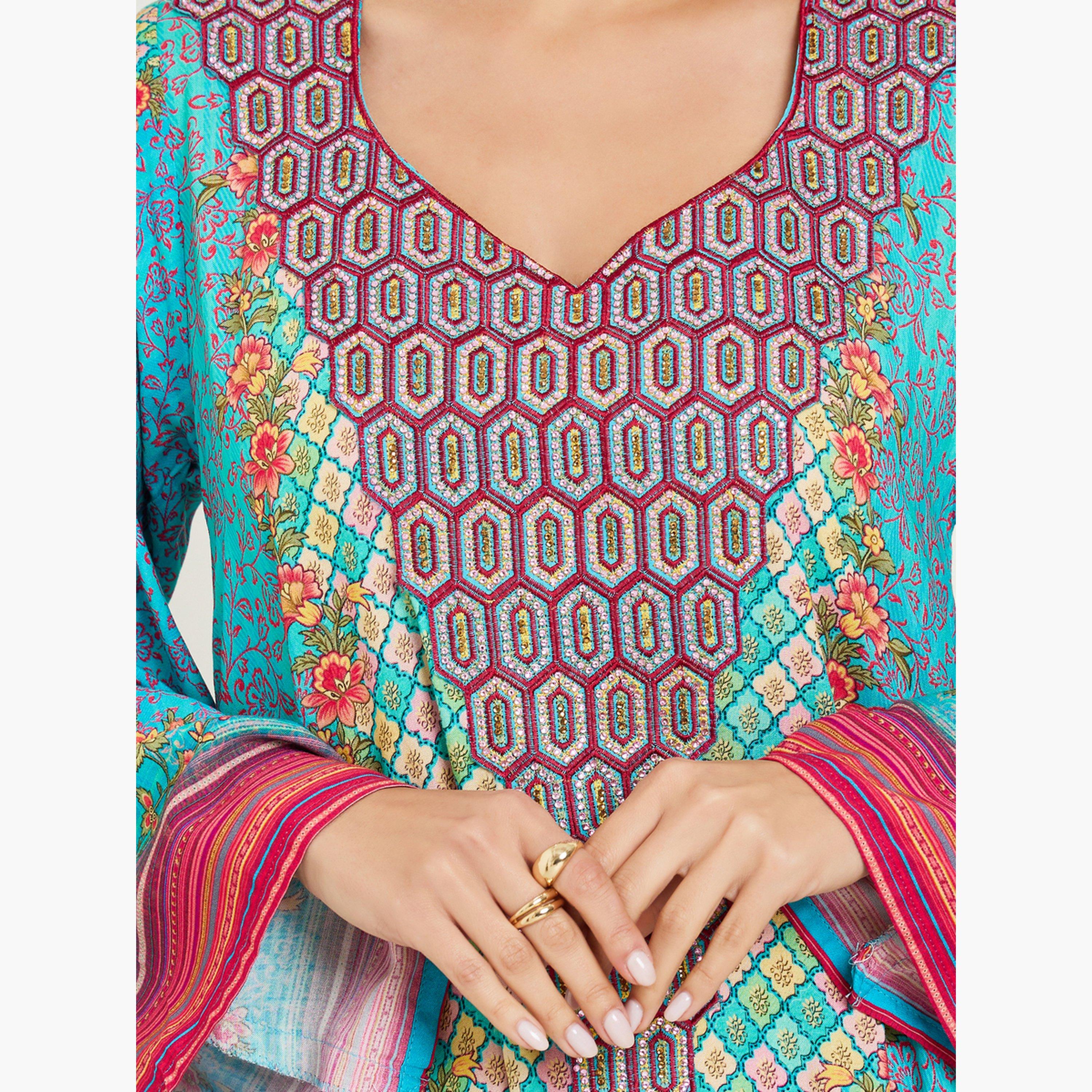 Styli Blue Printed A-Line Jalabiya-women-arabicclothing-jalabiyas-image-4