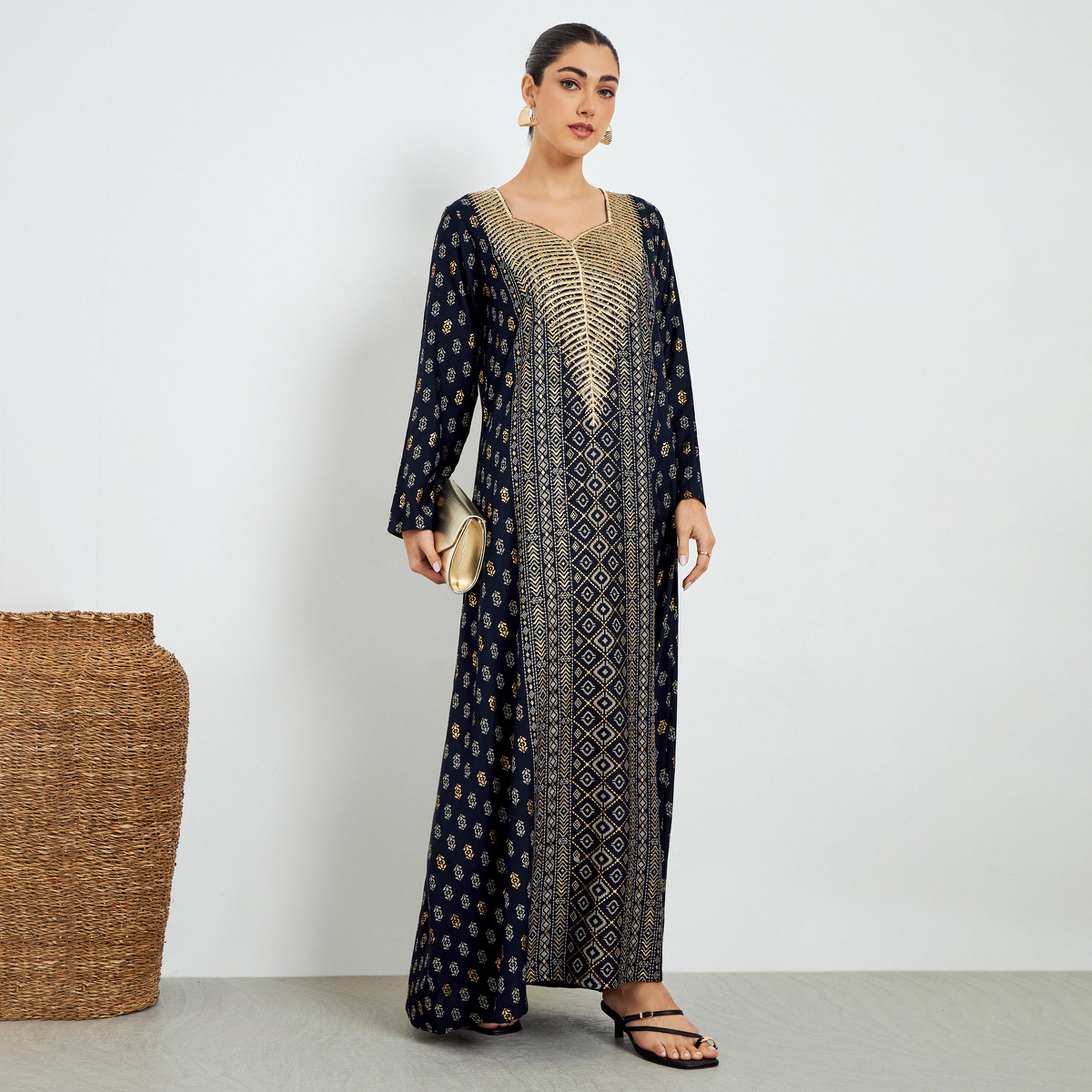 جلابية بياقة سويت هارت وطبعة رقائق معدنية-women-arabicclothing-jalabiyas-image-1