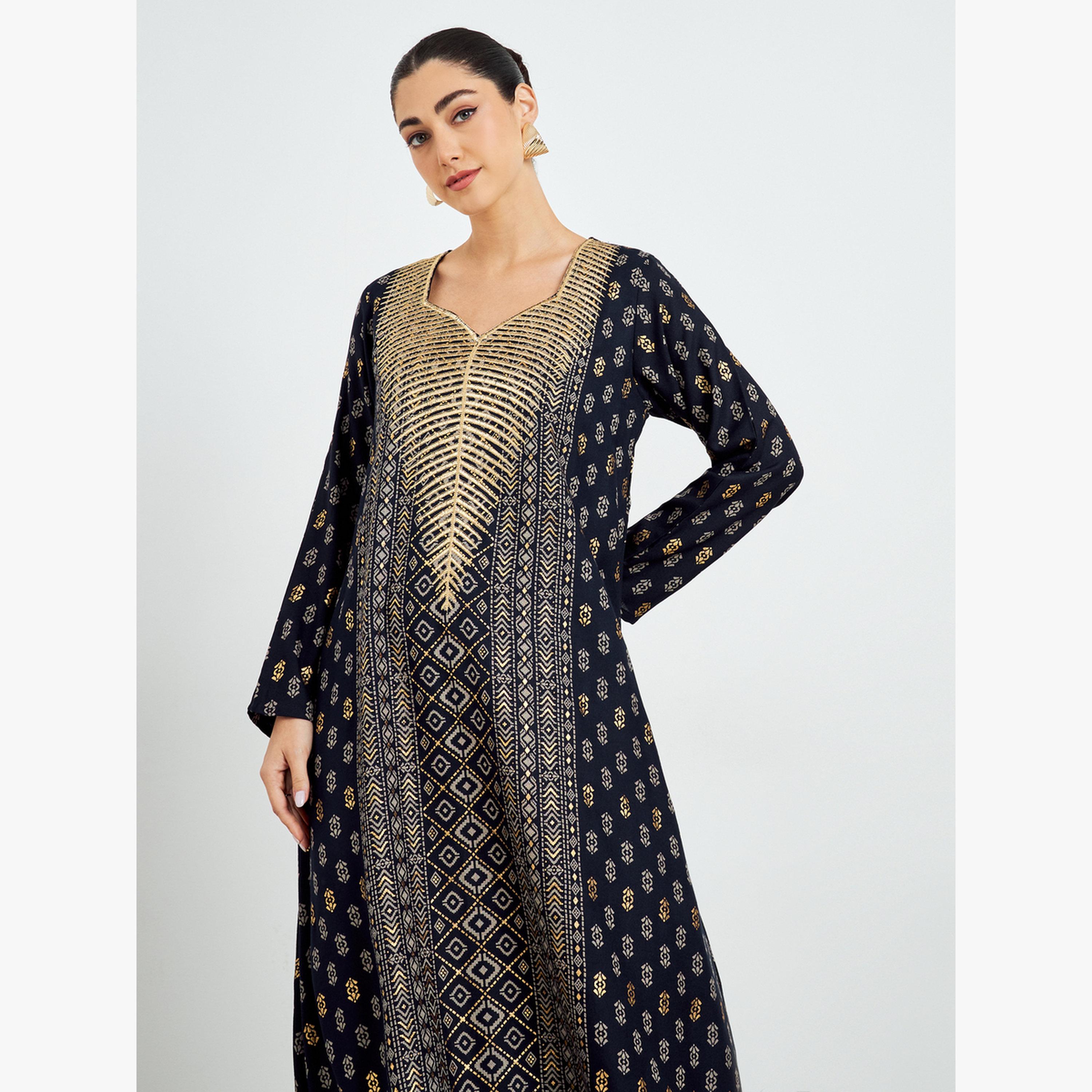 جلابية بياقة سويت هارت وطبعة رقائق معدنية-women-arabicclothing-jalabiyas-image-2