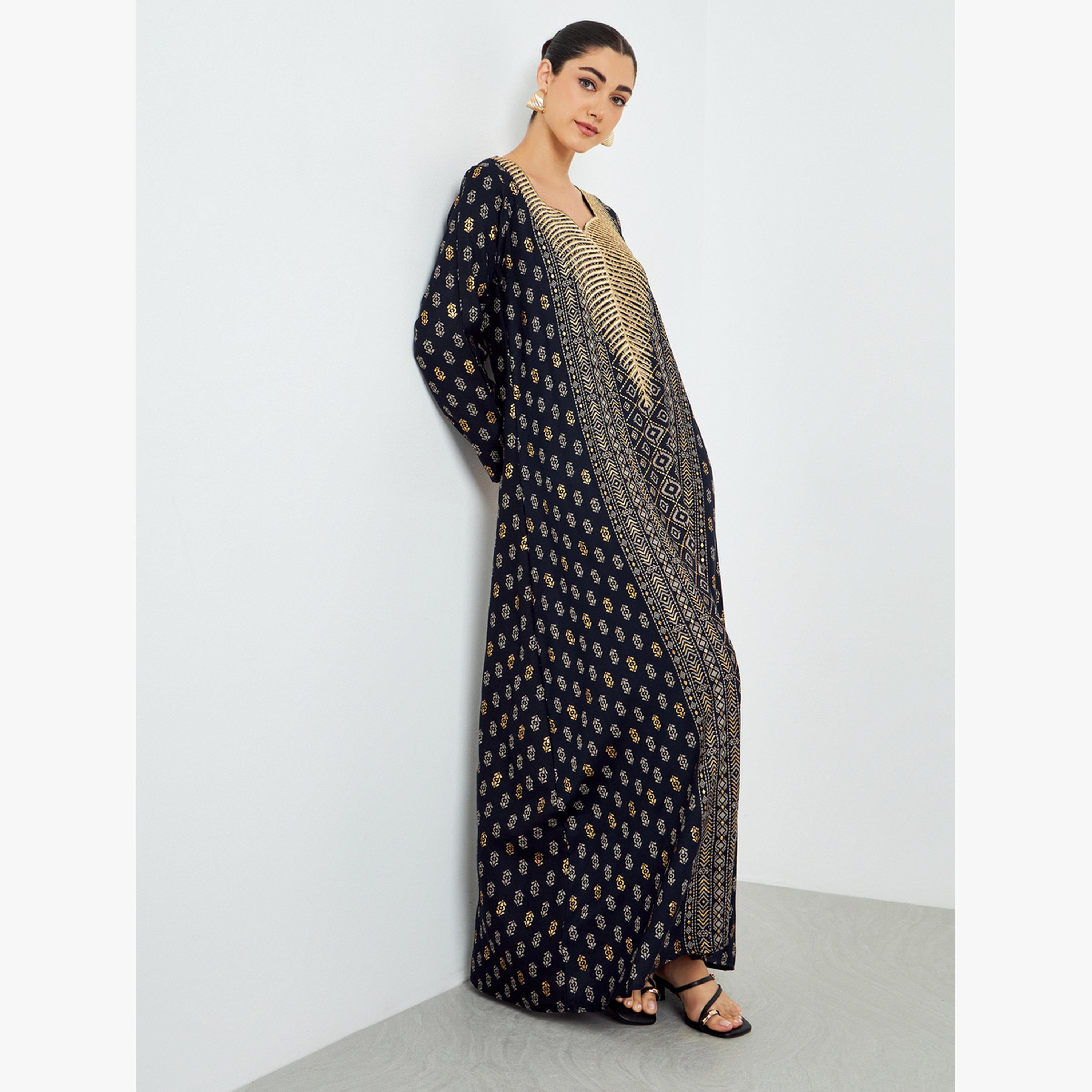 جلابية بياقة سويت هارت وطبعة رقائق معدنية-women-arabicclothing-jalabiyas-image-3