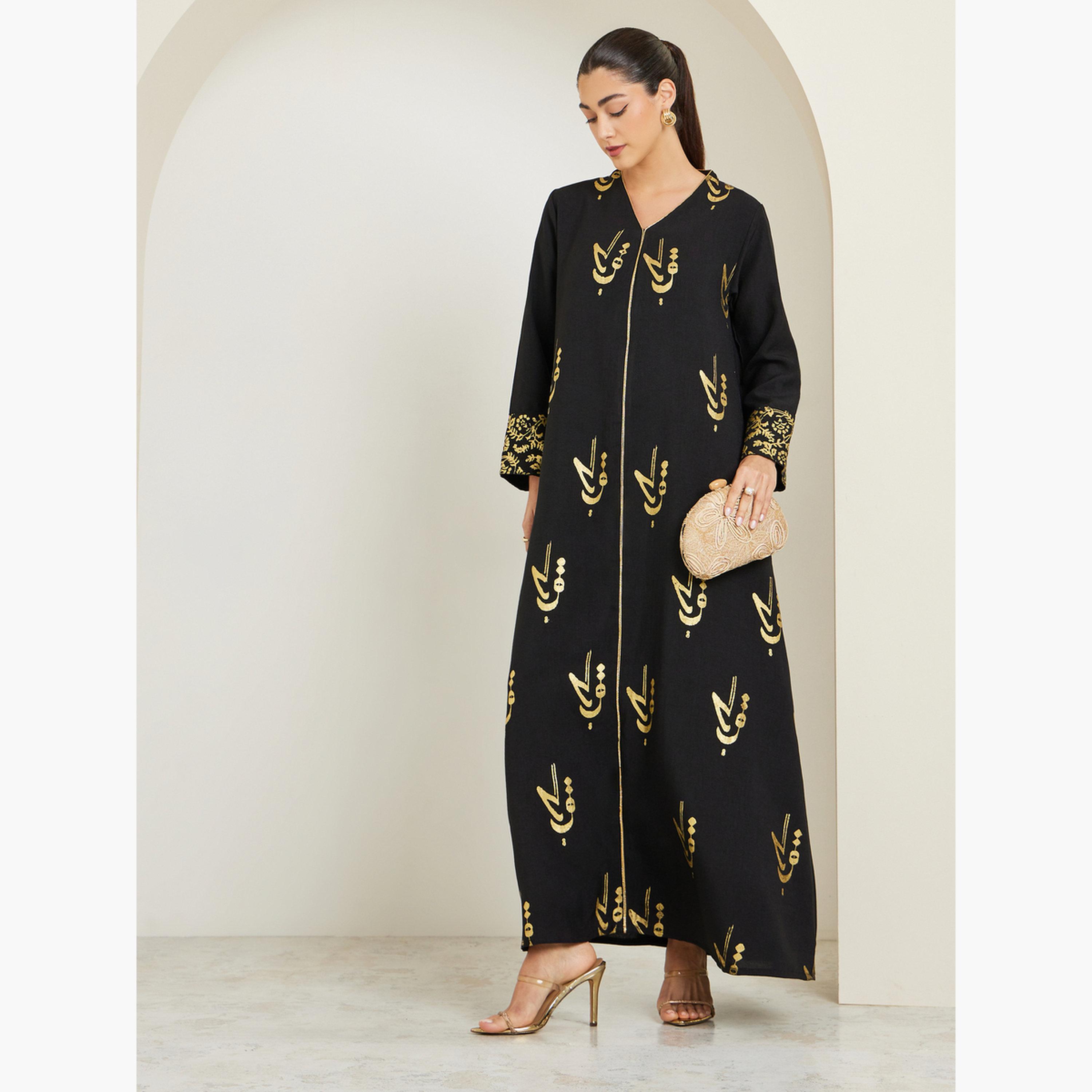 Styli Black Maxi Jalabiya with Foil Print-women-arabicclothing-jalabiyas-image-3