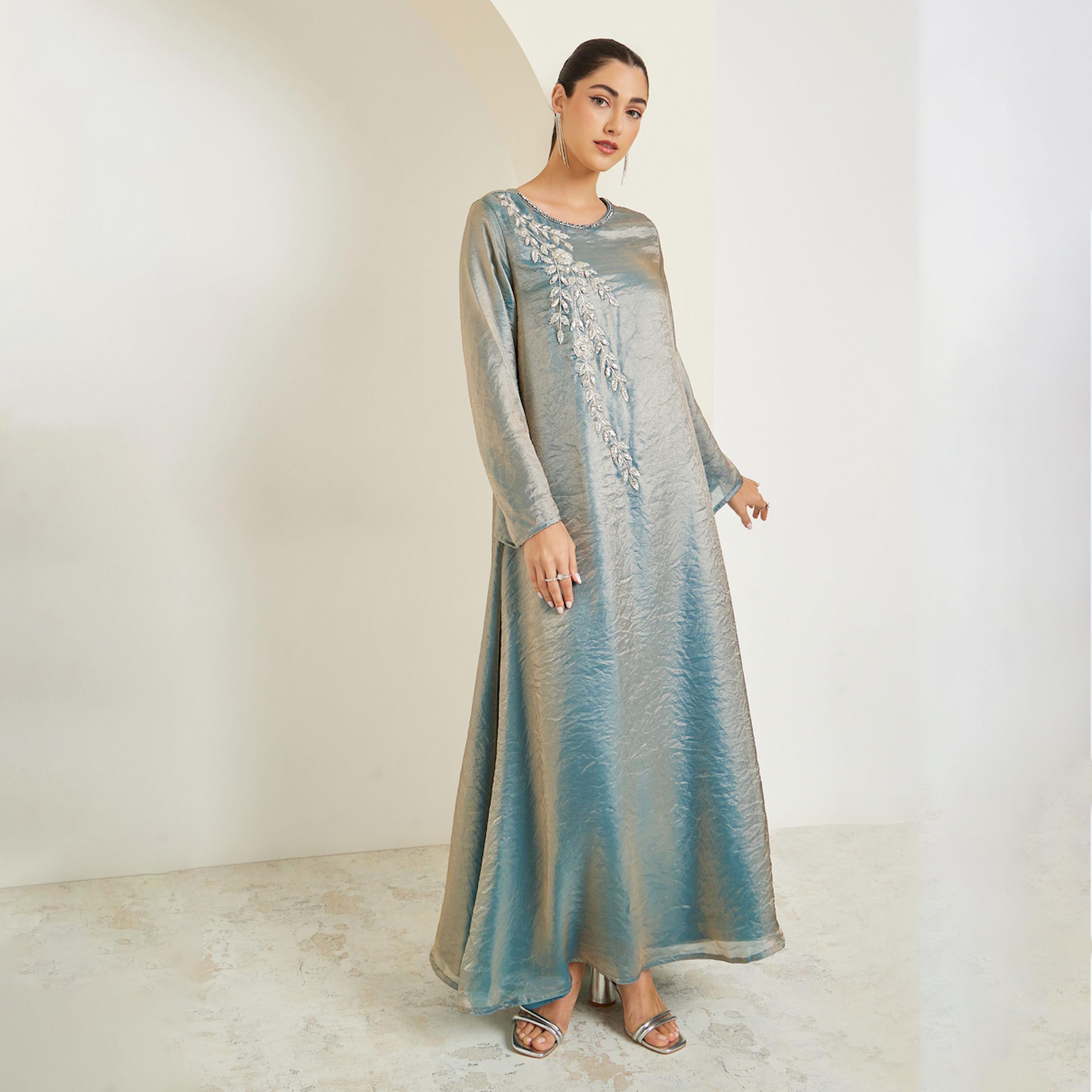 Styli Teal Shiny Embroidered A-Line Jalabiya-women-arabicclothing-jalabiyas-image-1