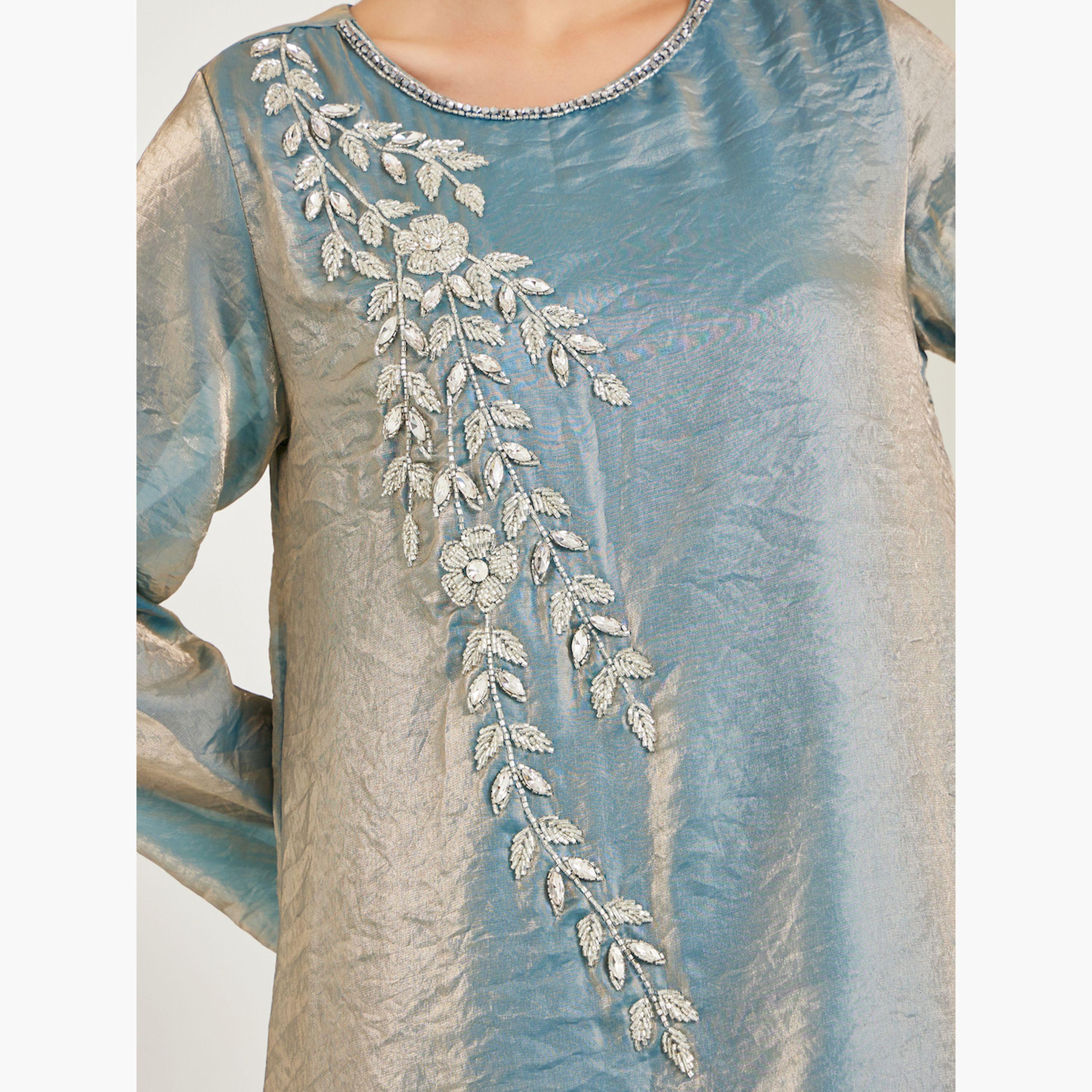 Styli Teal Shiny Embroidered A-Line Jalabiya-women-arabicclothing-jalabiyas-image-4