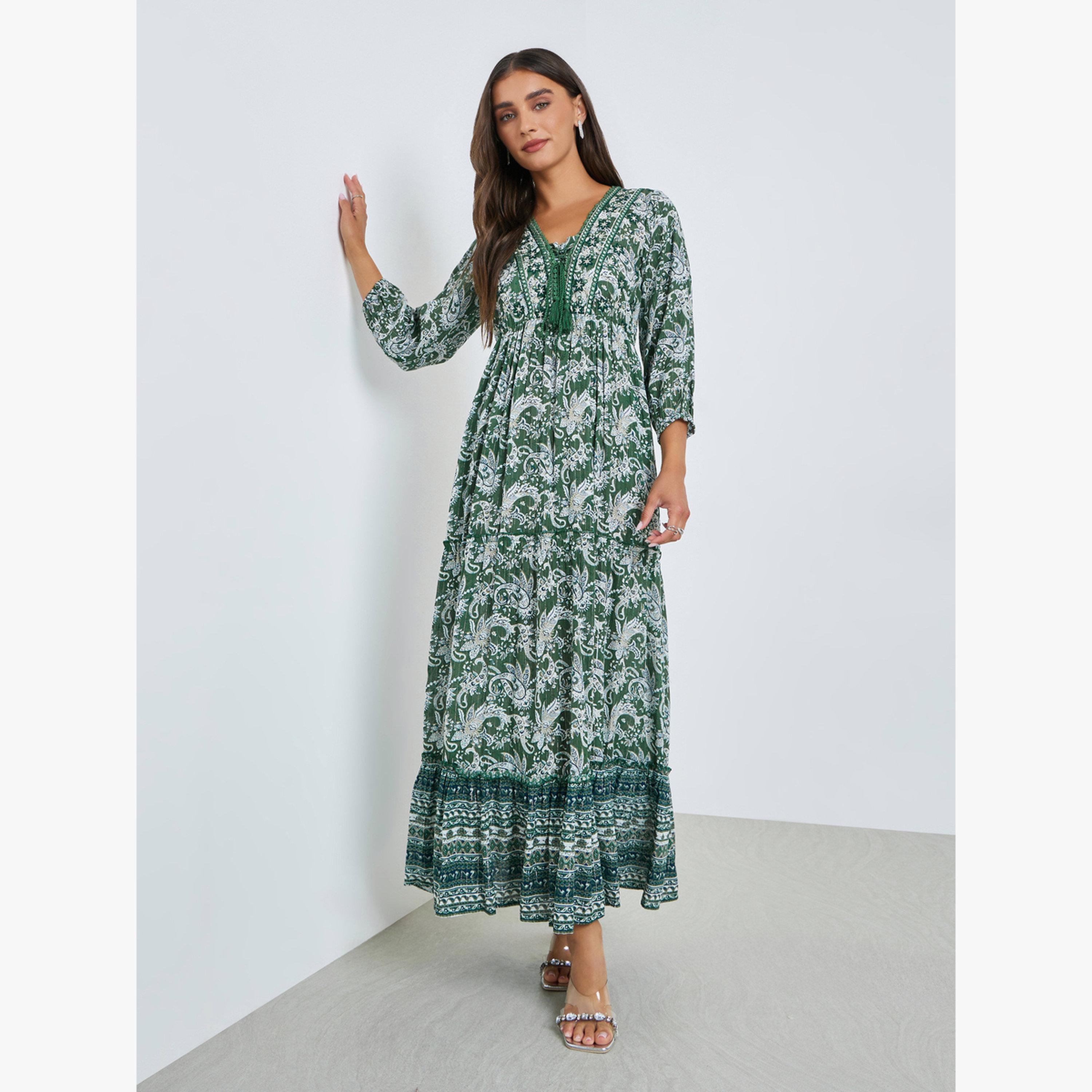 Styli Green Paisley Print Tiered Maxi Dress-women-clothing-dresses-image-1
