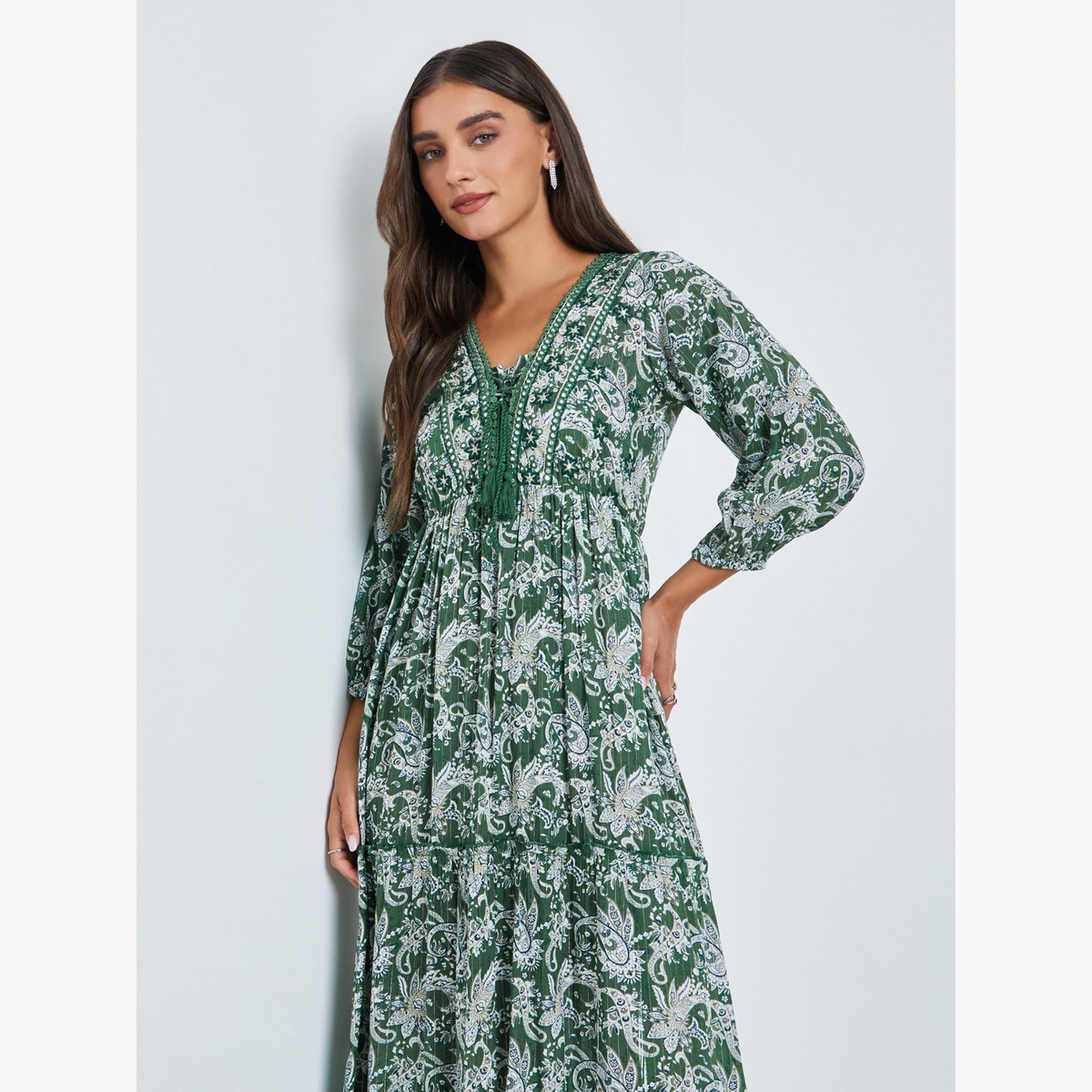 Styli Green Paisley Print Tiered Maxi Dress-women-clothing-dresses-image-2