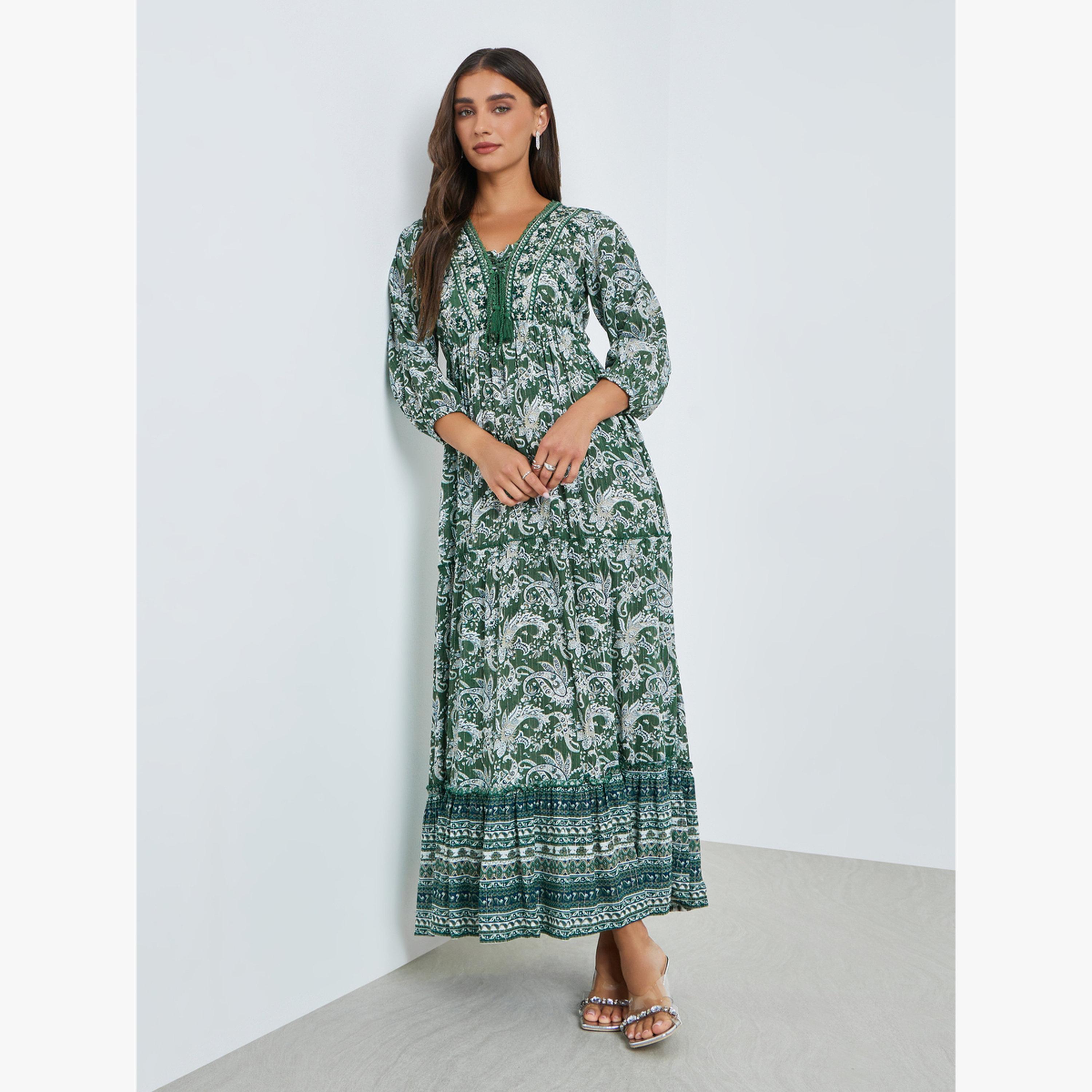 Styli Green Paisley Print Tiered Maxi Dress-women-clothing-dresses-image-3