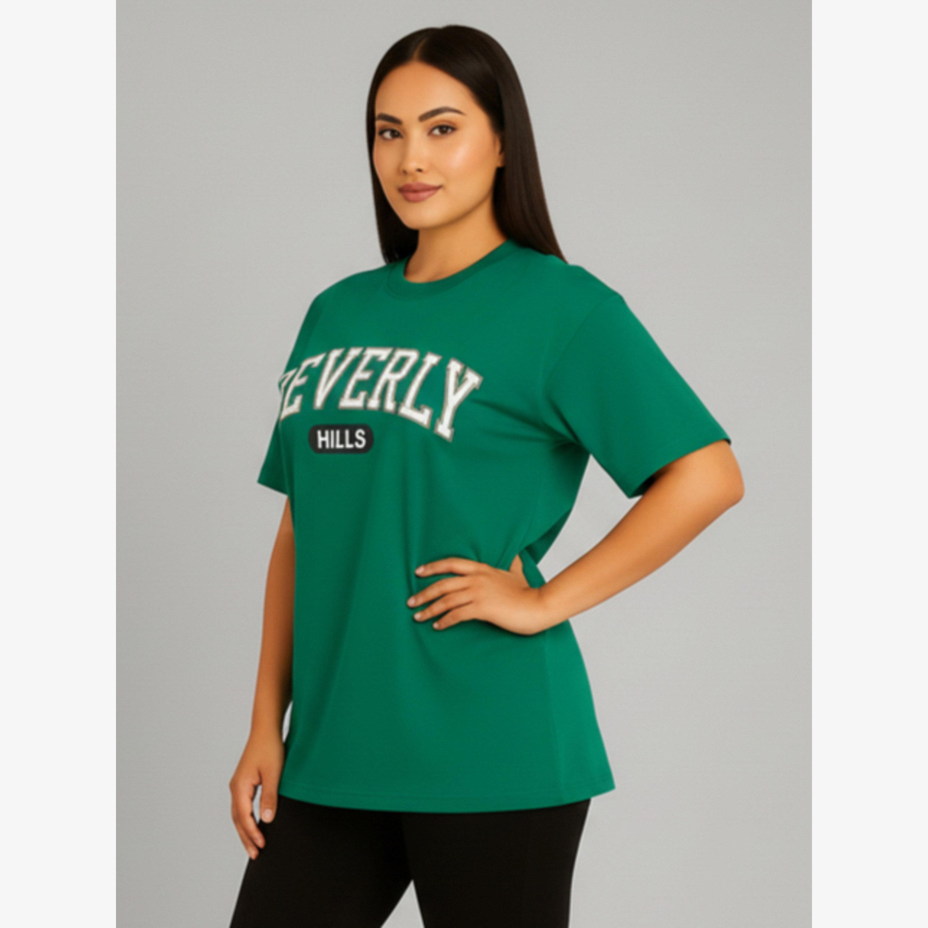 تيشيرت أخضر مطبوع برقبة دائرية من قماش جيرسي ناعم، بقصة عادية-women-clothing-tshirts-image-3