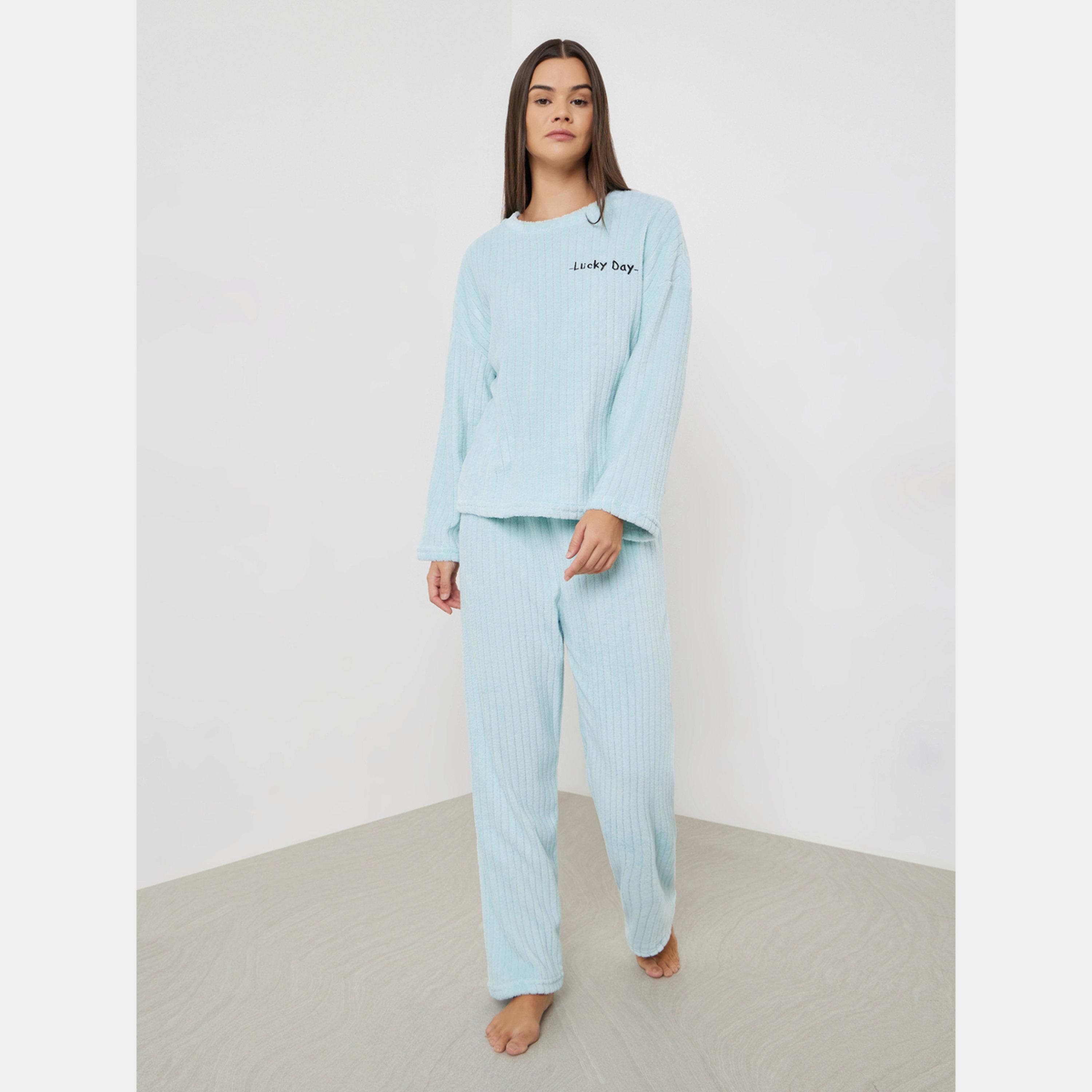 Styli Blue Self Striped Fleece Long Sleeve Top and Pyjama Set-women-clothing-nightwear-pyjamas-longsets-image-1