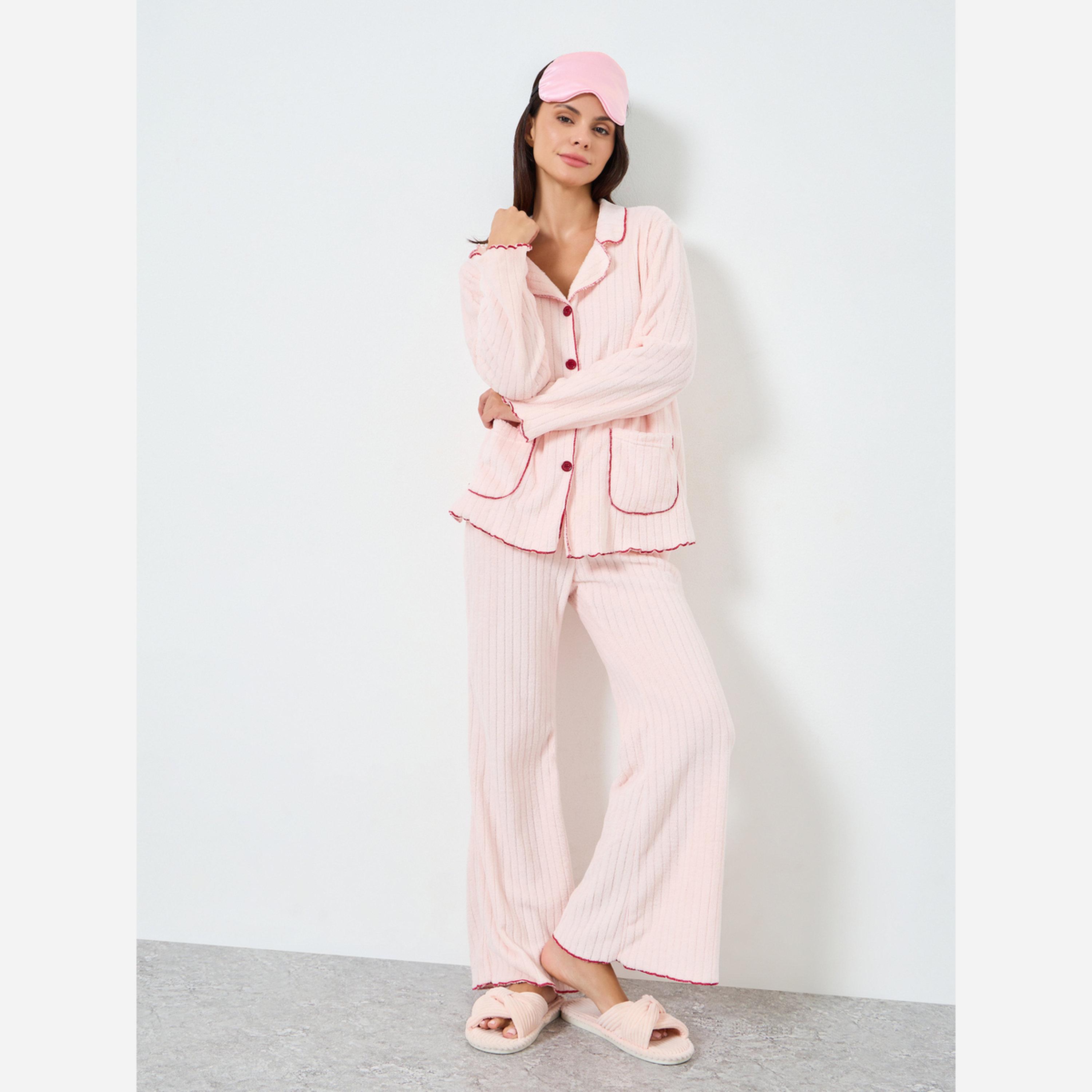 Styli Fleece Contrast Lettuce Hem Buttoned Shirt and Pyjama Set-women-clothing-nightwear-pyjamas-longsets-image-1