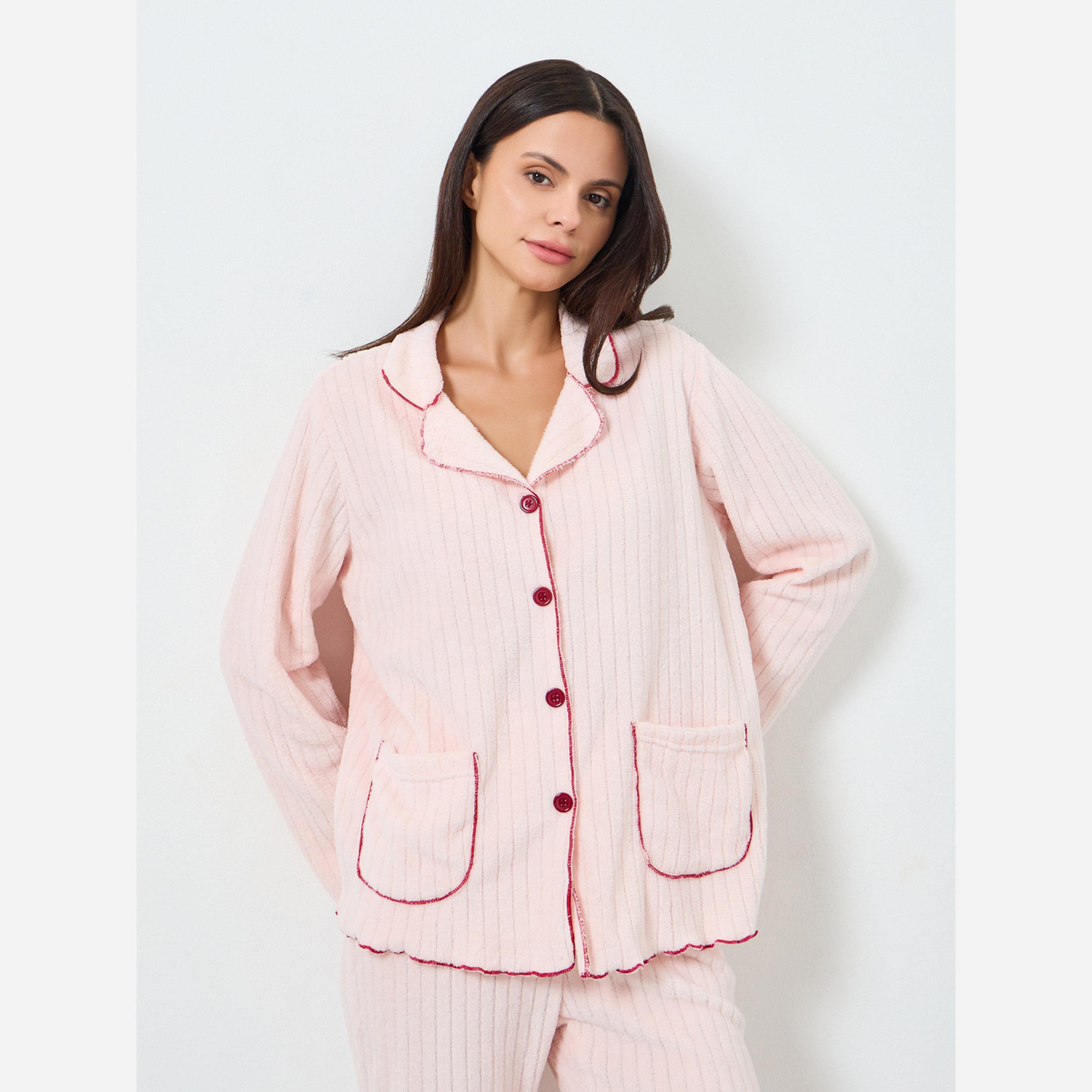ستايلي - بيجاما صوف لون مغاير وحافة مموجة وأزرار.-women-clothing-nightwear-pyjamas-longsets-image-2