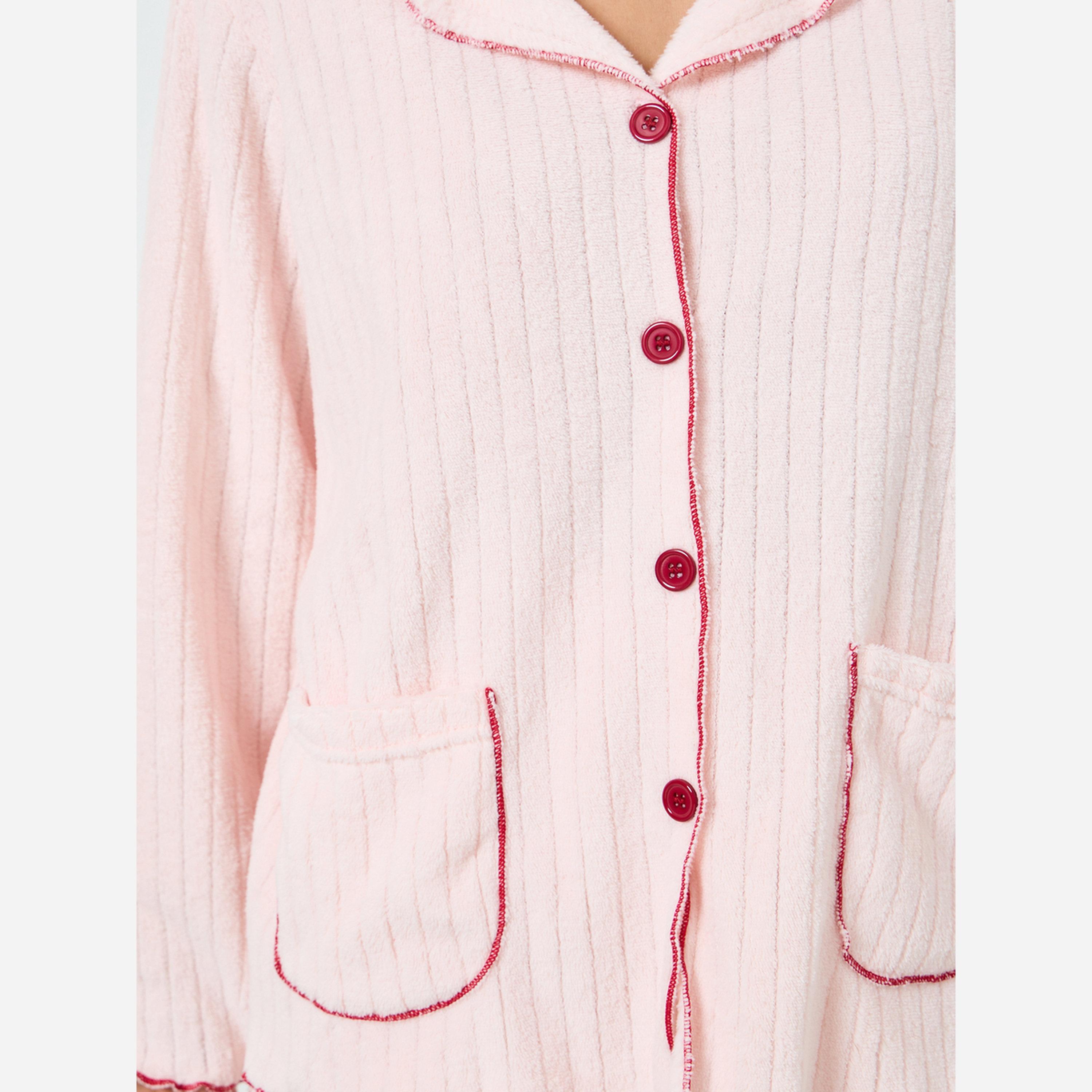 Styli Fleece Contrast Lettuce Hem Buttoned Shirt and Pyjama Set-women-clothing-nightwear-pyjamas-longsets-image-3