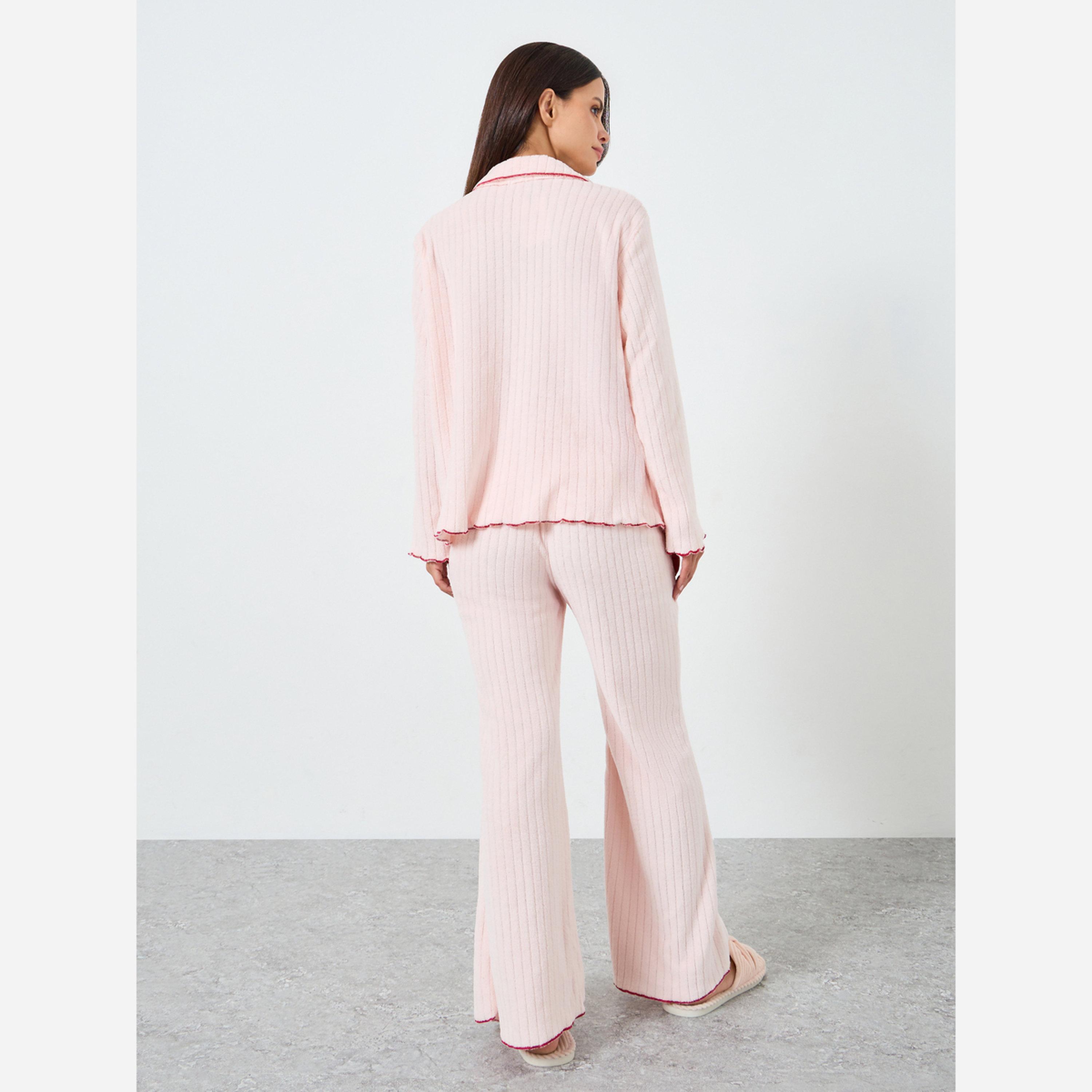 Styli Fleece Contrast Lettuce Hem Buttoned Shirt and Pyjama Set-women-clothing-nightwear-pyjamas-longsets-image-5