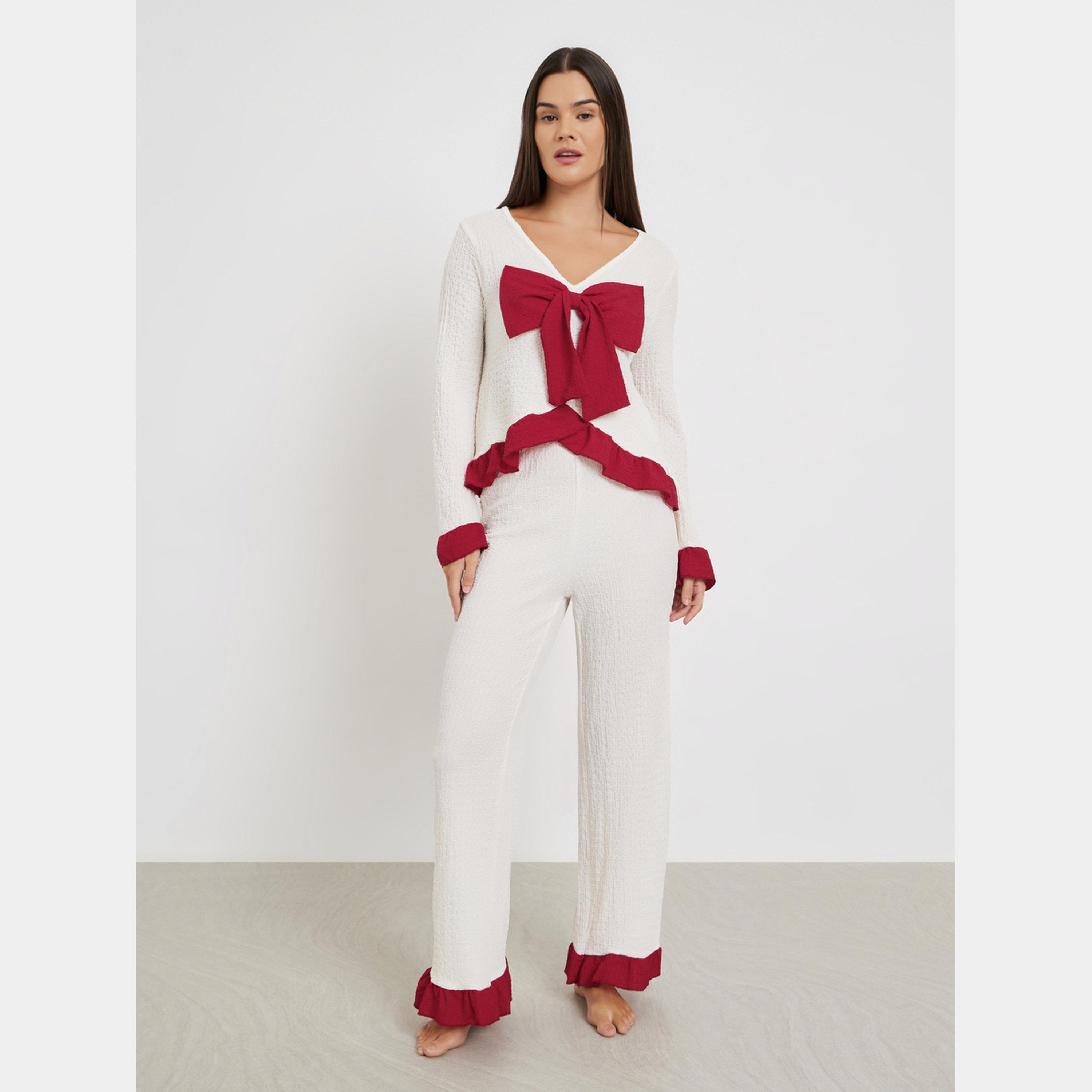ستايلي - بيجاما قميص مع فيونكة أمامية وحاشية مكشكشة من نسيج منسوج-women-clothing-nightwear-pyjamas-longsets-image-1
