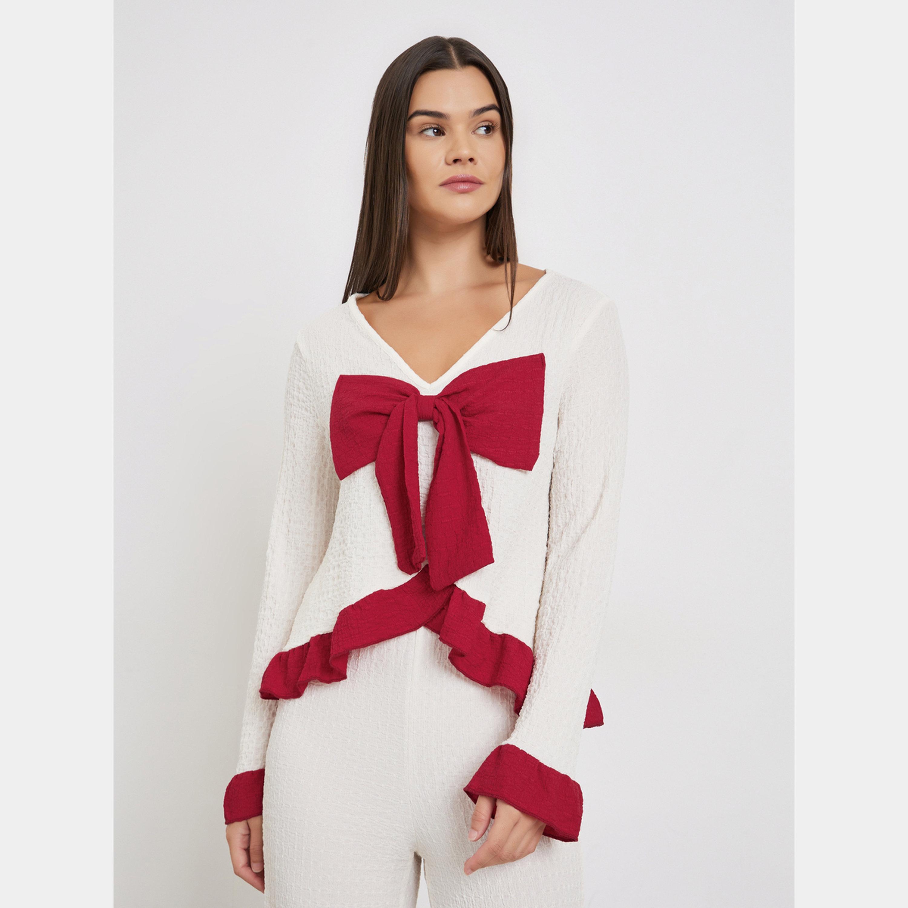 ستايلي - بيجاما قميص مع فيونكة أمامية وحاشية مكشكشة من نسيج منسوج-women-clothing-nightwear-pyjamas-longsets-image-2