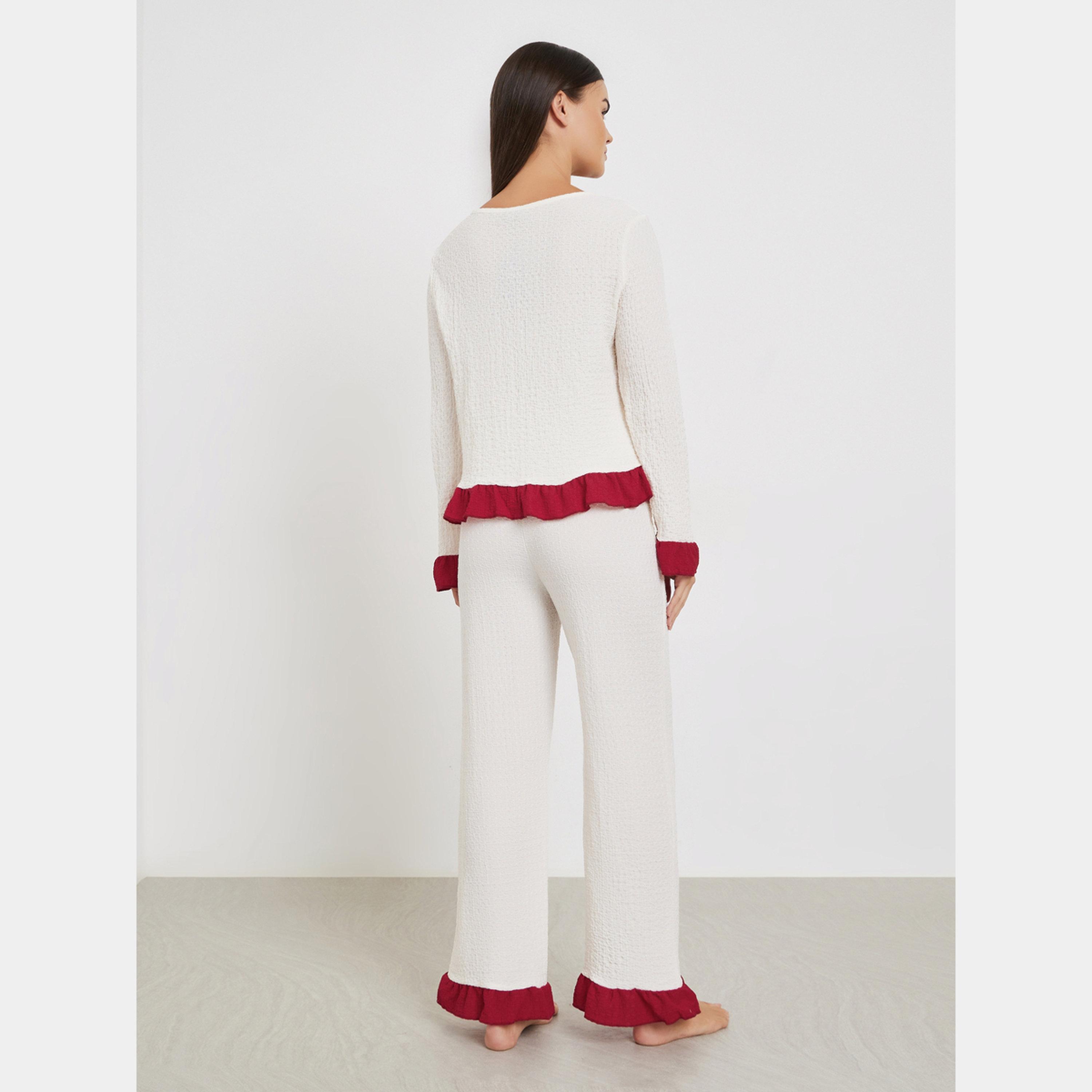 Styli Textured Ruffle Hem Bow Front Top and Pyjama Set-women-clothing-nightwear-pyjamas-longsets-image-5