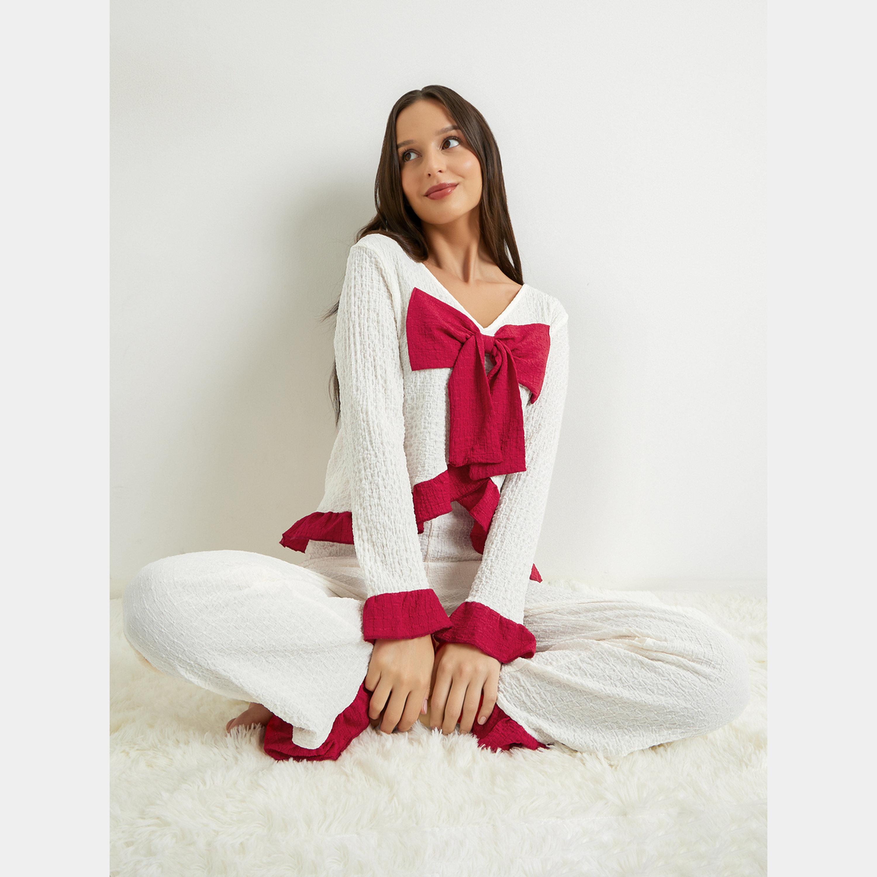 ستايلي - بيجاما قميص مع فيونكة أمامية وحاشية مكشكشة من نسيج منسوج-women-clothing-nightwear-pyjamas-longsets-image-6