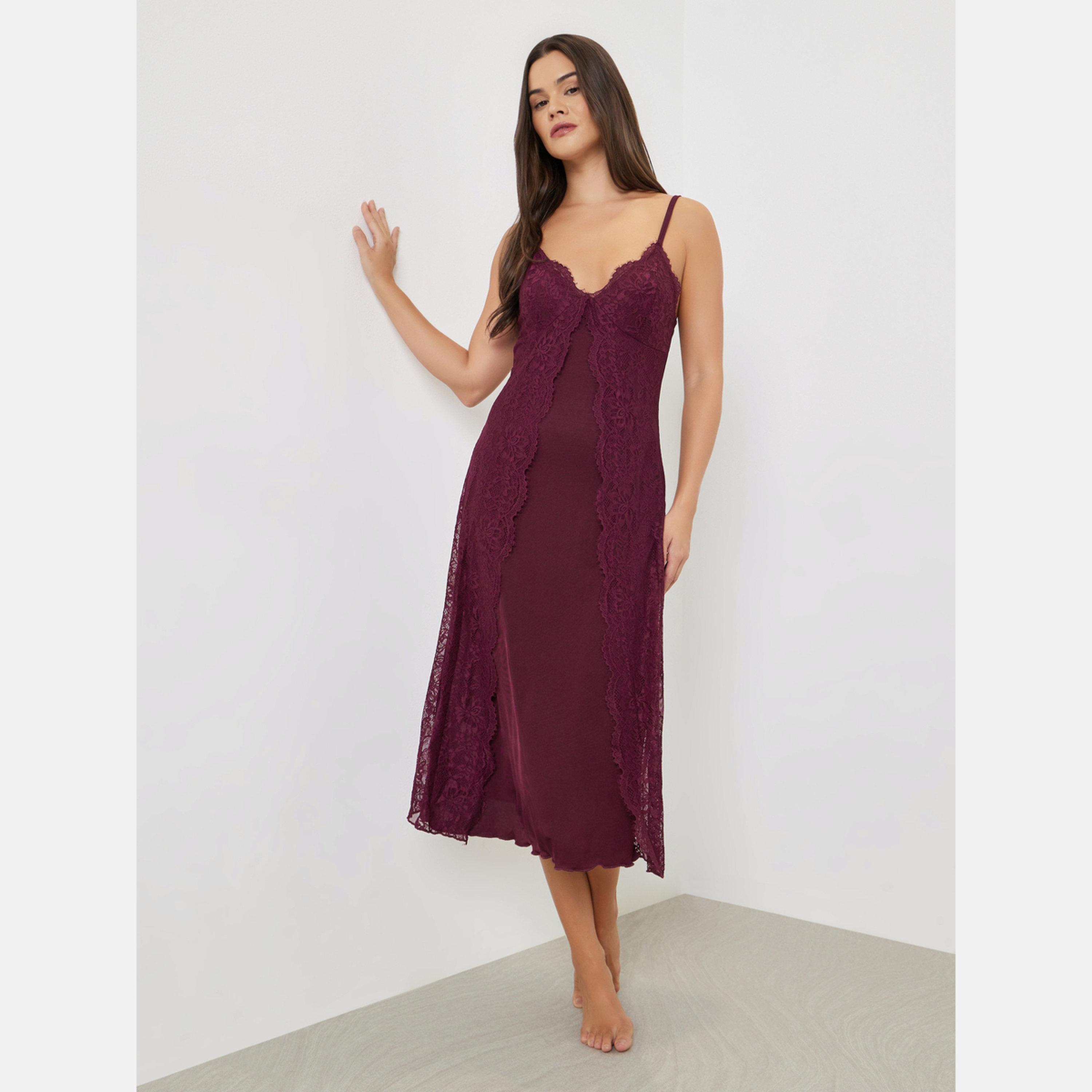 ستايلي - فستان برغندي بأشرطة من الدانتيل-women-clothing-nightwear-nighties-image-1