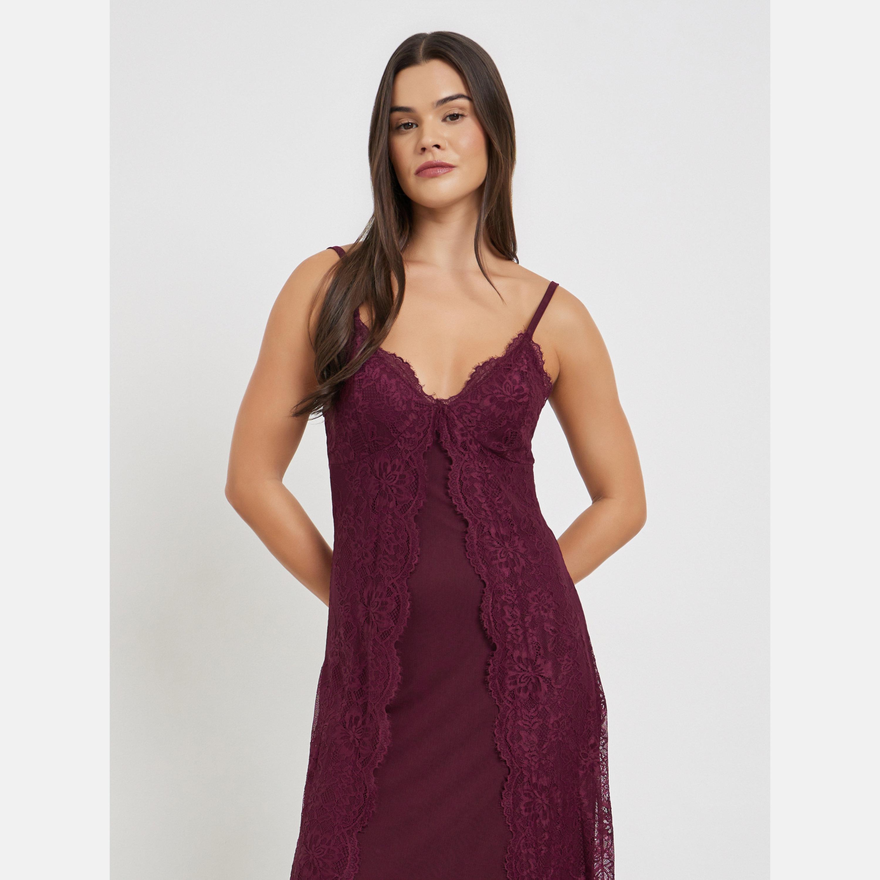 ستايلي - فستان برغندي بأشرطة من الدانتيل-women-clothing-nightwear-nighties-image-2